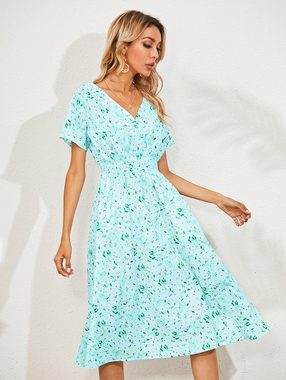 BlauWave Druckkleid Sommerkleider mit Blumenmuster und kurzen Ärmeln (Bequeme Passform, 1-tlg., Für den Alltag unterwegs) Tailliertes A-Linien-Kleid mit V-Ausschnitt