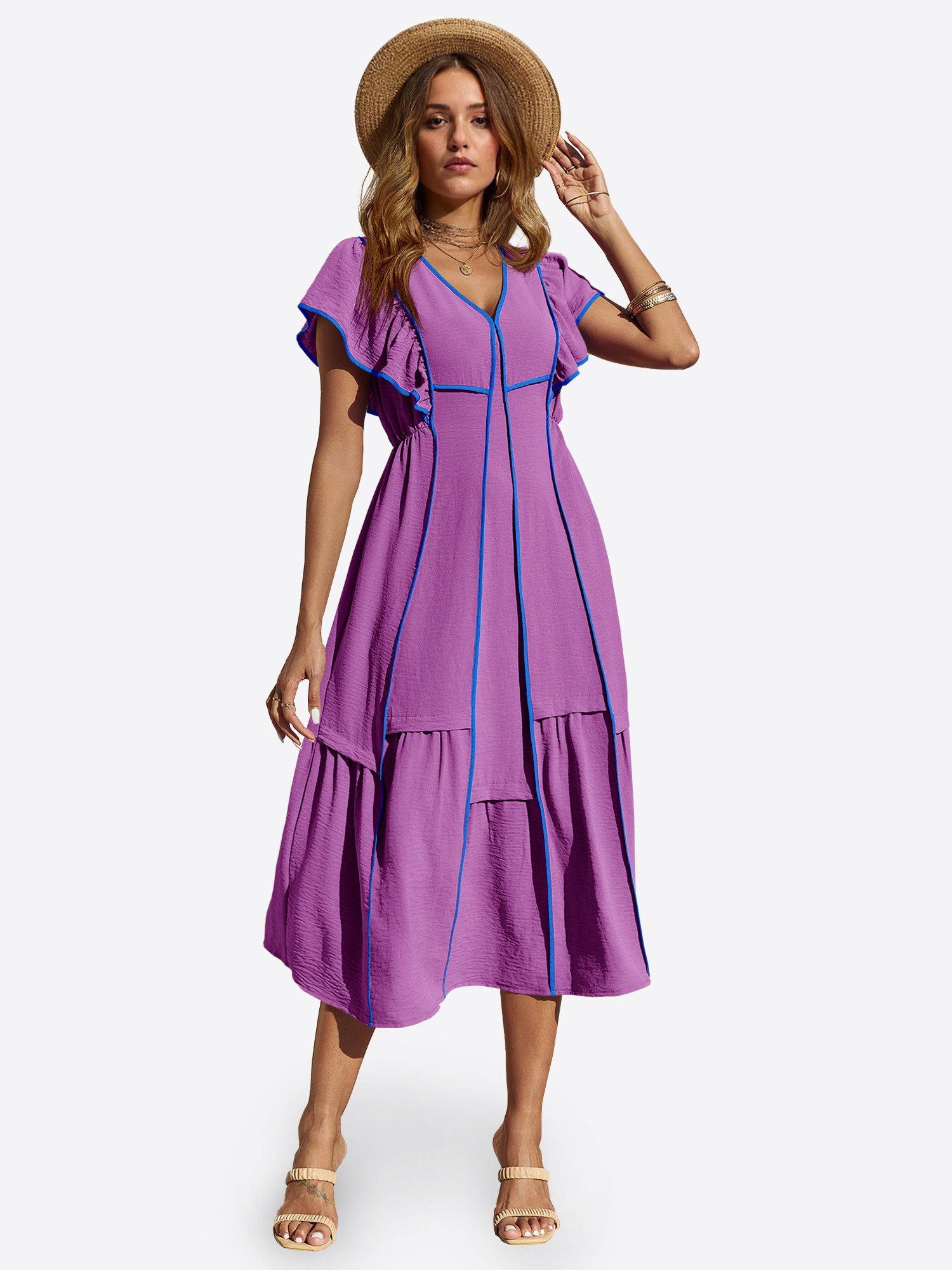 Imily Bela Maxikleid Damen Langkleid mit Rüschen im fließenden Stil (Packung, 1-tlg., 1per-Pack) kontrastfarben