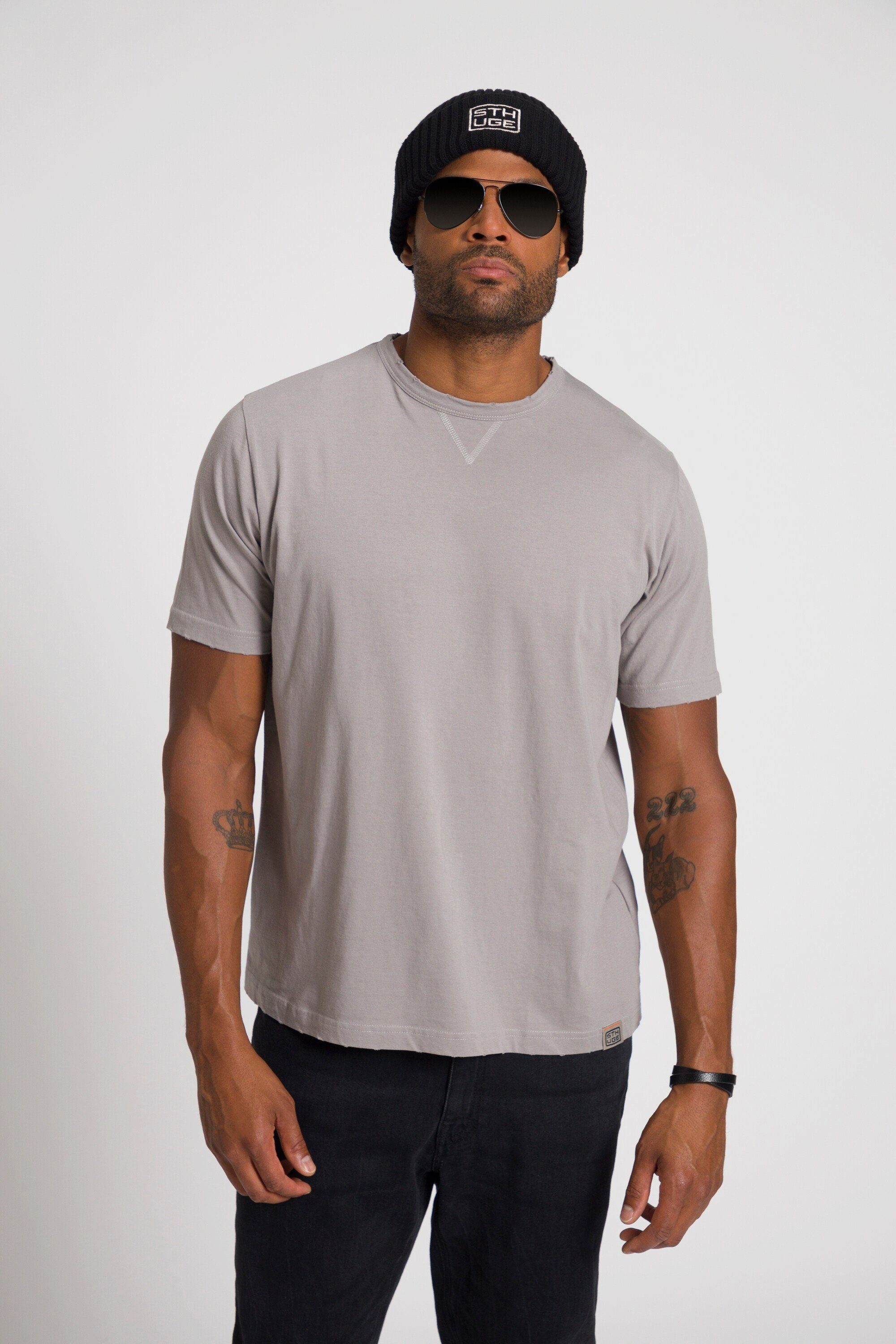 STHUGE T-Shirt STHUGE Rundhals Halbarm Destroy-Effekt steingrau T-Shirt