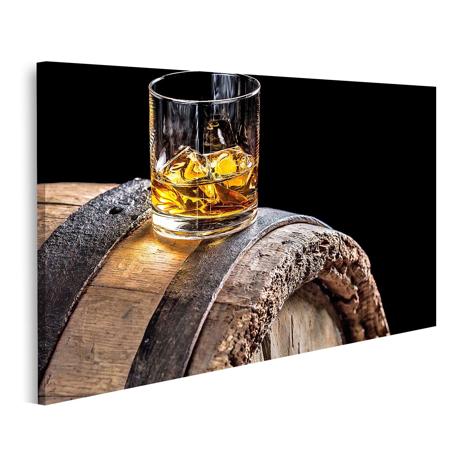 Leinwandbild Bild auf Leinwand Glas Whisky mit Eis auf altem Eichenholzfass Wandbil