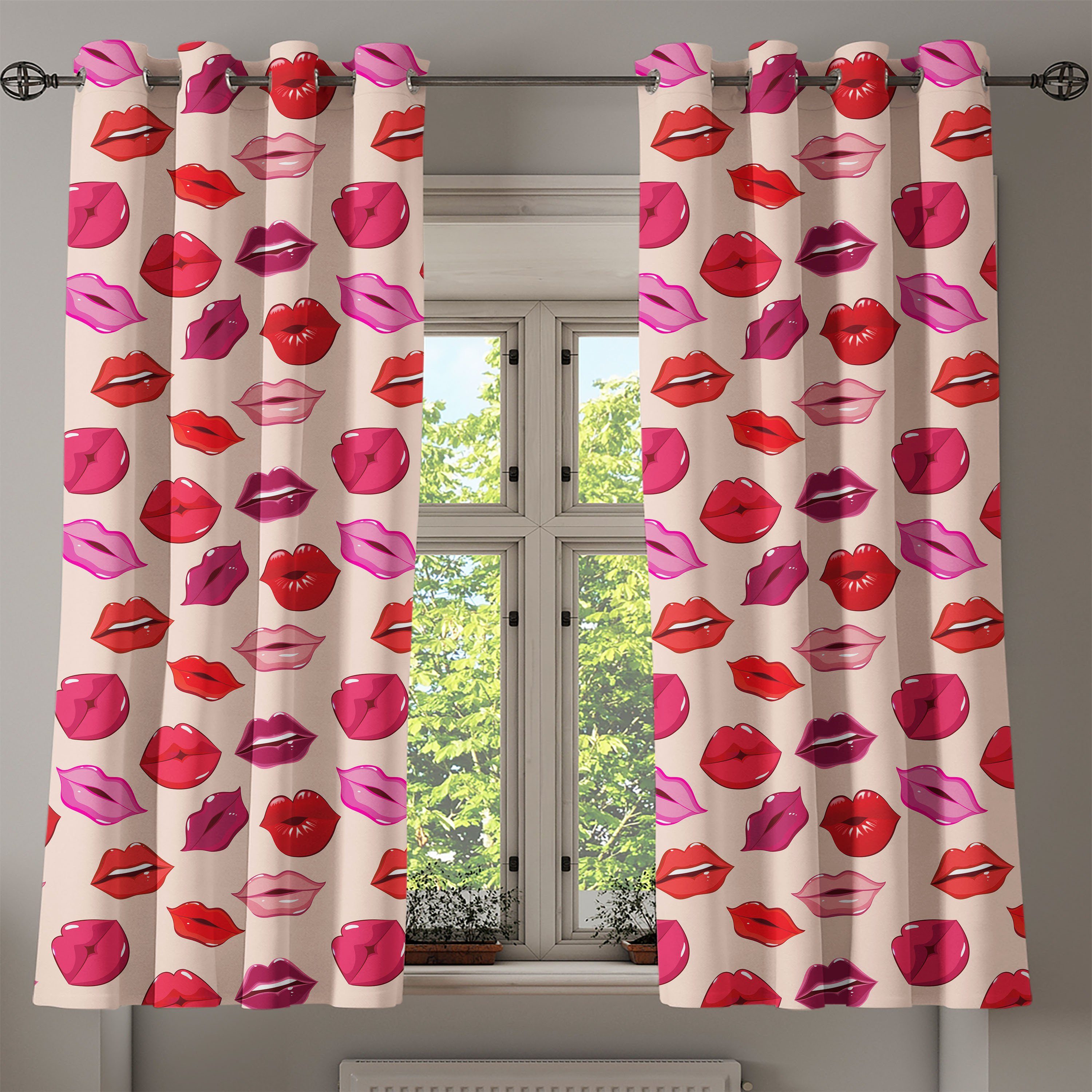 Abakuhaus, Dekorative 2-Panel-Fenstervorhänge Lippen Vivid Farbige Gardine Wohnzimmer, Schlafzimmer Kuss für Glamour