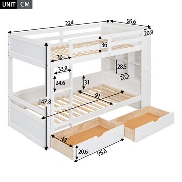 Ulife Etagenbett Kinderbett mit 2 Schubladen und sechs Staufächer,90*200cm