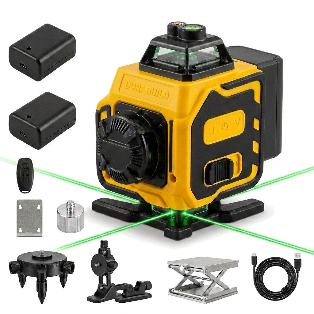 Hikey Kreuzlinienlaser 4D Kreuzlinienlaser 16 Linien grün, (Set, 12 St., 2 Akkus, Fernbedienung, Koffer), 16 Linien 4 × 360°, grün, IP54, 2 Akkus, Koffer