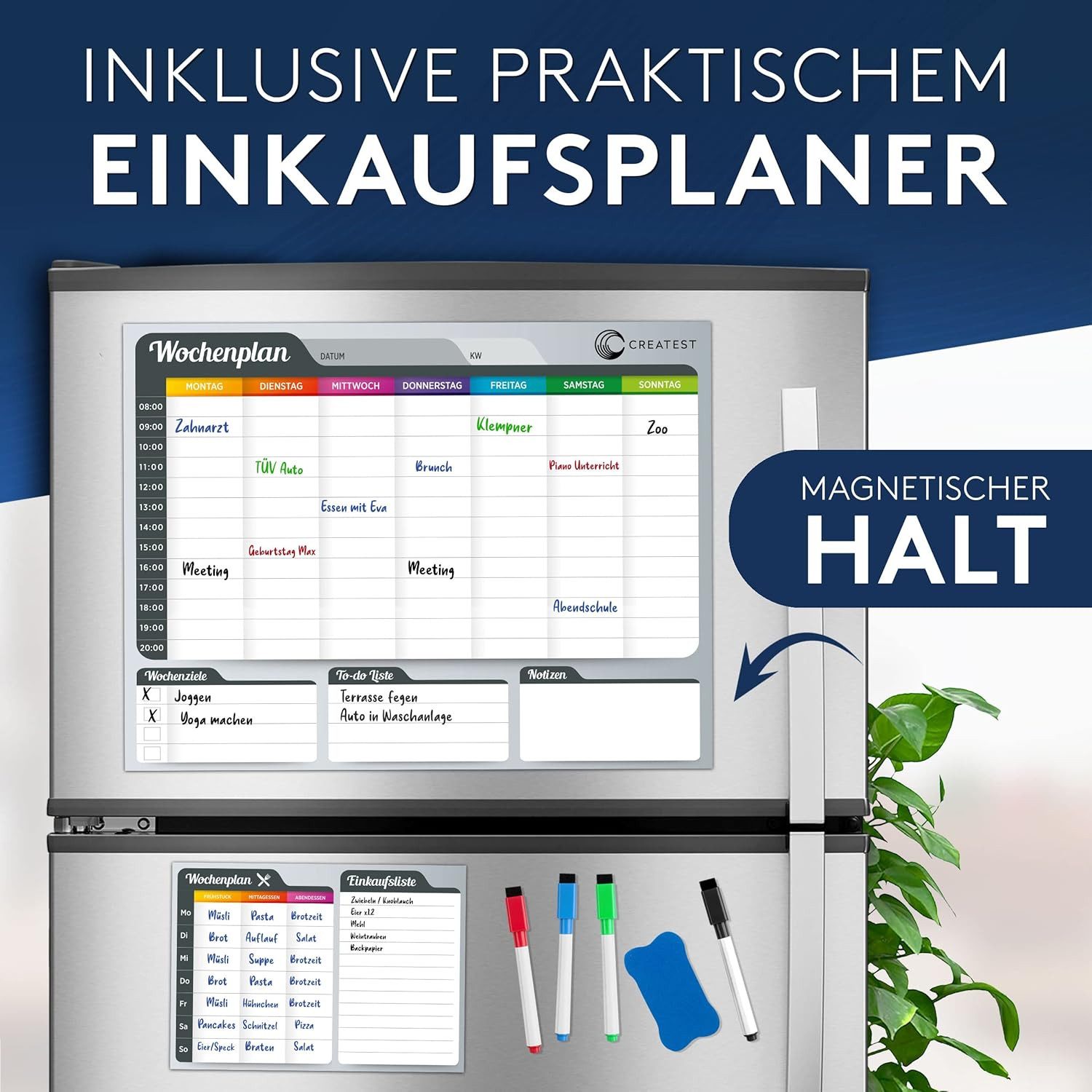 CREATEST Magnettafel Magnetischer Wochenplaner 40x30 cm inkl. 4 Stifte & Schwamm, Abwischbares Magnetboard mit Speiseplan für Kühlschrank & Familie – Bild 4 von 5