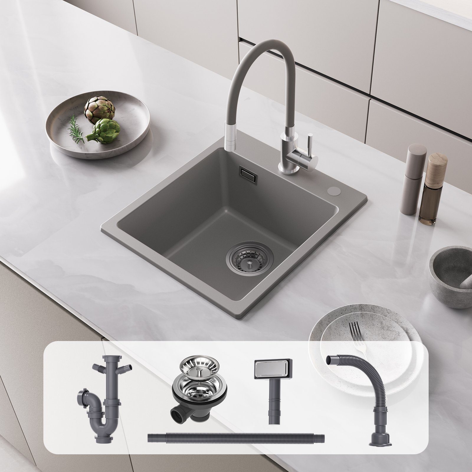 CECIPA Küchenspüle Granit-Küchenspüle Grau! Seifenspender) Küchenspüle (ohne Becken 40*45*20cm 1