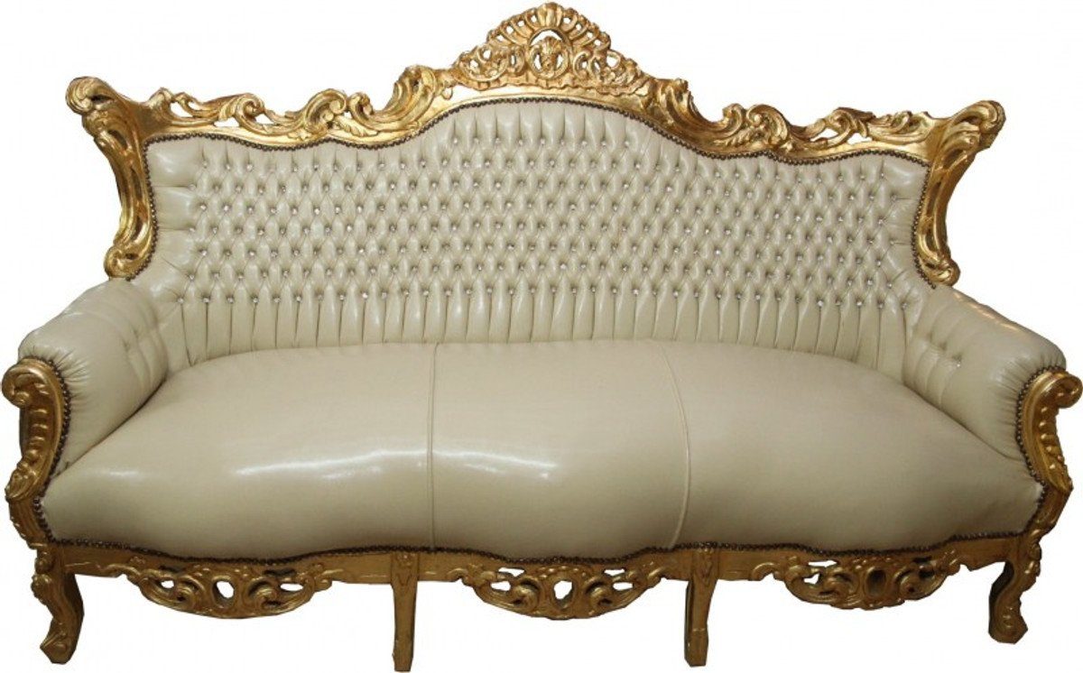 Casa Padrino 3-Sitzer Gold 3er Bling Creme - mit Sofa Antik Möbel Master Barock Lederoptik Stil Bling / Glitzersteinen