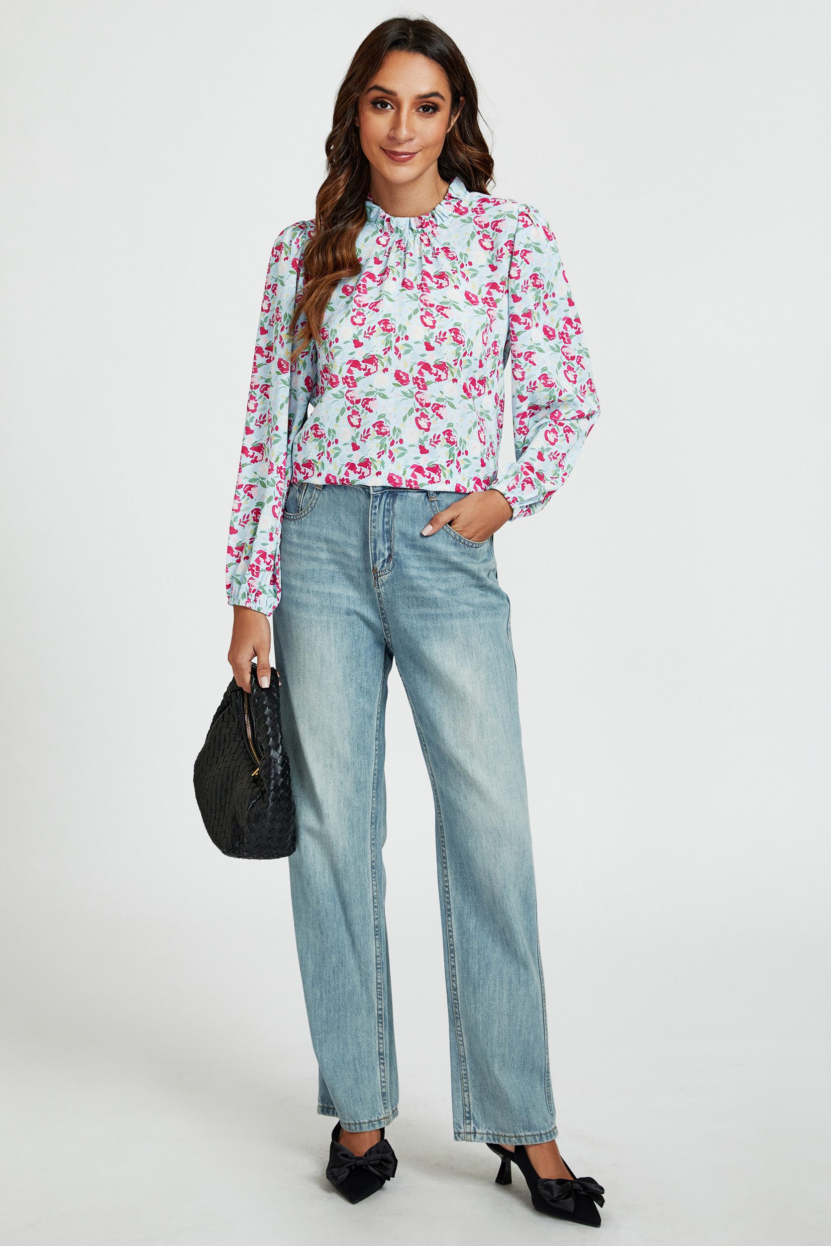 FS Collection Langarmbluse Damen Bluse hochgeschlossenes Oberteil mit Rüschendetail & Blumendruck (XS (UK 8 / EU 36) S (UK 10 / EU 38) M (UK 12 / EU 40) L (UK 14 / EU 42) XL (UK 16 / EU 44, 7 Farben) Leicht, Glatt, Formbeständig und angenehm zu tragen