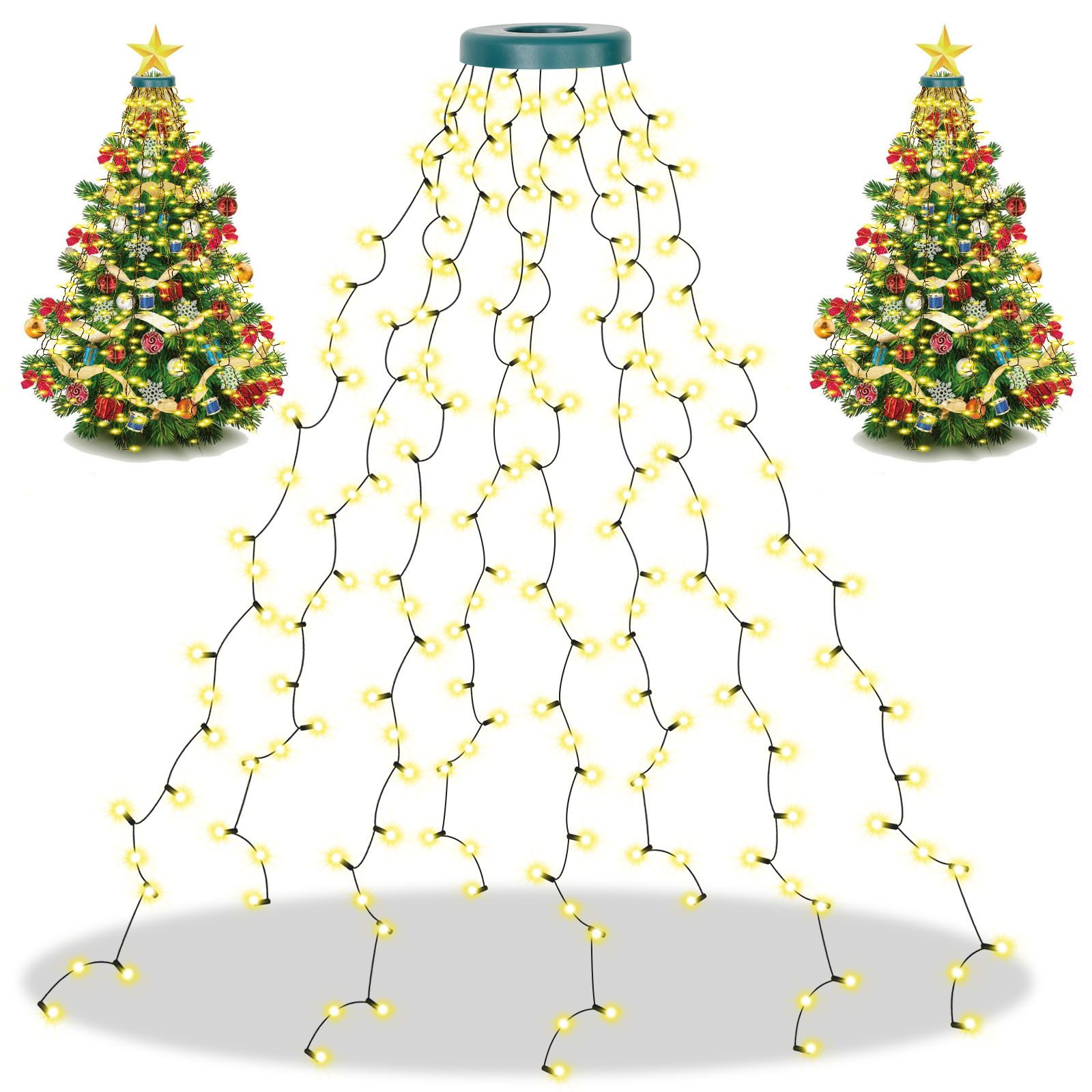Lapamax LED-Lichterkette LED-Lichterkette LED Weihnachtsbaum Lichterkette mit Topper Star, Christbaumbeleuchtung mit Ring und Sterne,8-Modi,Timer