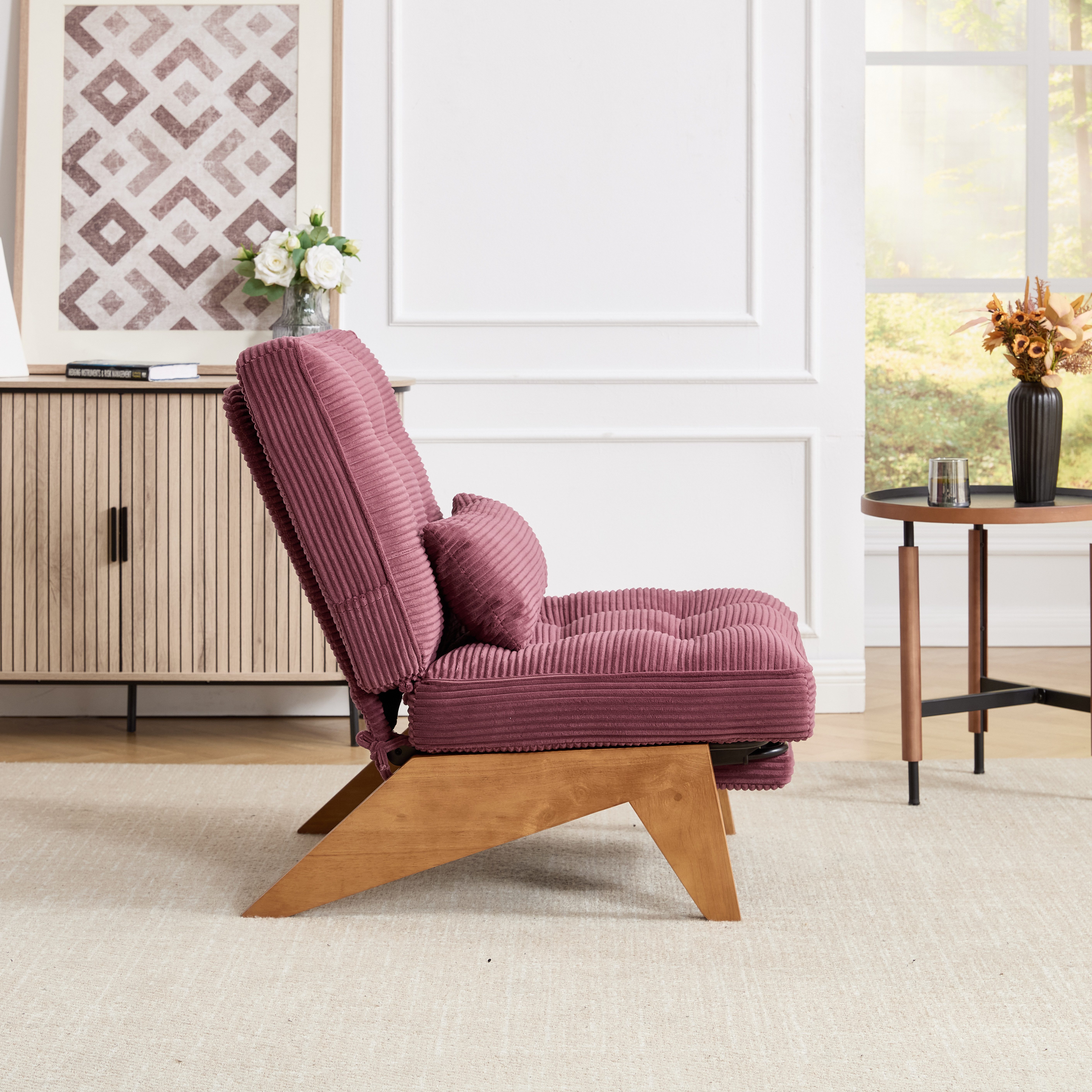 OKWISH Loungesessel Relaxsessel Polsterstuhl (aus Stoff, mit Fußstütze), mit Lendenkissen und Holzbeinen