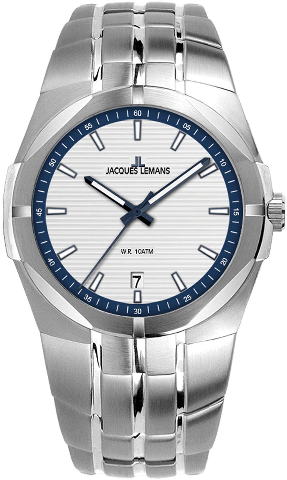 Jacques Lemans Quarzuhr Monte Carlo 1-2177B, Armbanduhr, Herrenuhr, Datum, Leuchtzeiger, Edelstahlarmband