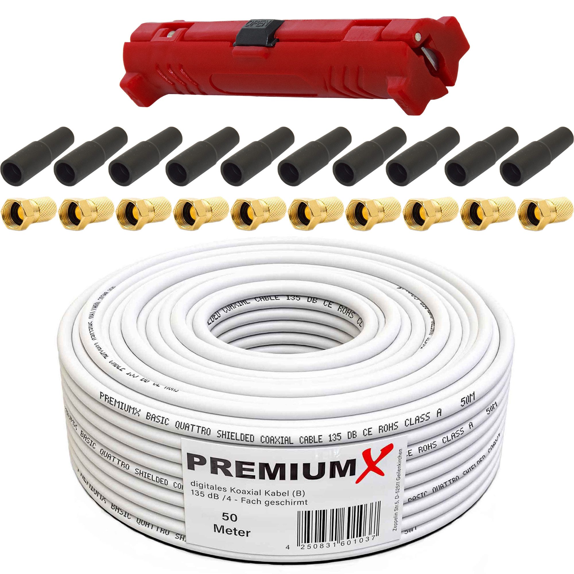 PremiumX 50m BASIC Koaxialkabel 135dB 4-fach SAT Электропровод Montage Set Спутниковый кабель