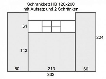 QMM TraumMöbel Schrankbett horizontal HB 120x200 mit 2 Schränken & Aufsatz (Set) horizontal klappbar