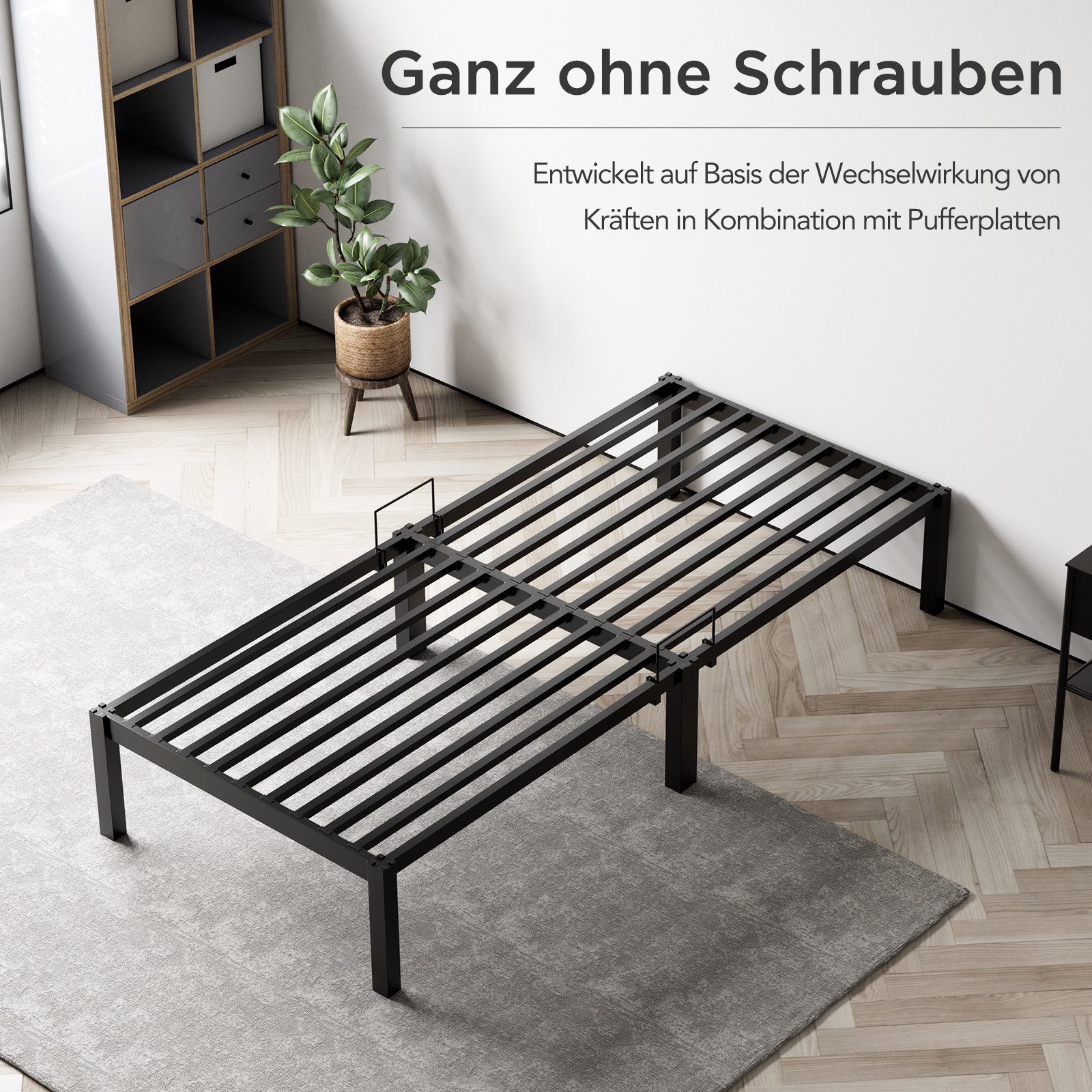 HOMAVO Bettgestell Modernes schraubenloses Metallbettgestell, Tragfähigkeit 200 kg (Bettbeine mit Schutzpads, geräuscharm & stabil, engmaschiger Metallstreben mit < 7 cm Abstand), Matratzenbügel