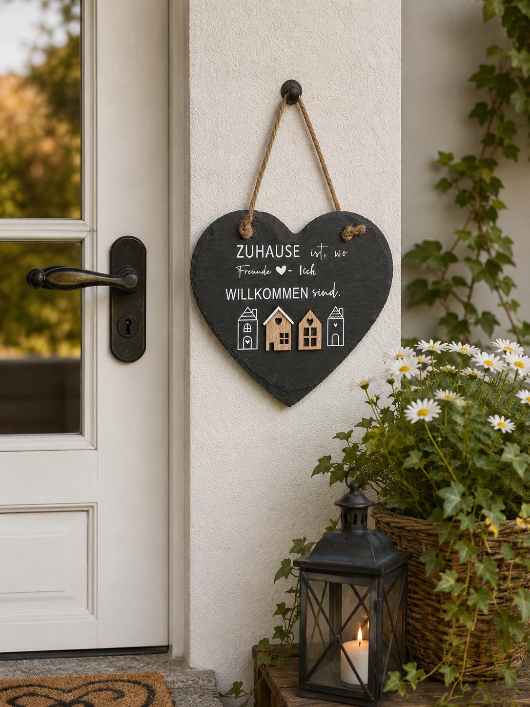 finehomegarden Wanddekoobjekt Schiefer Herzanhänger 2er Set 15 cm mit Spruch Dekorative Herzhänger (Set, 2 St., 2er-Set), aus Schiefer für Haus, Garten und Eingangsbereich