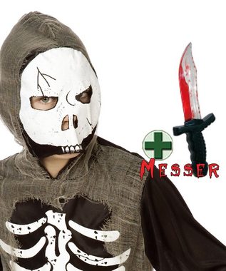 Karneval-Klamotten Kostüm Skelett Kinder mit Totenkopf Maske und Messer, Halloween Kinderkostüm schwarz mit weißen Knochen Aufdruck und Messer