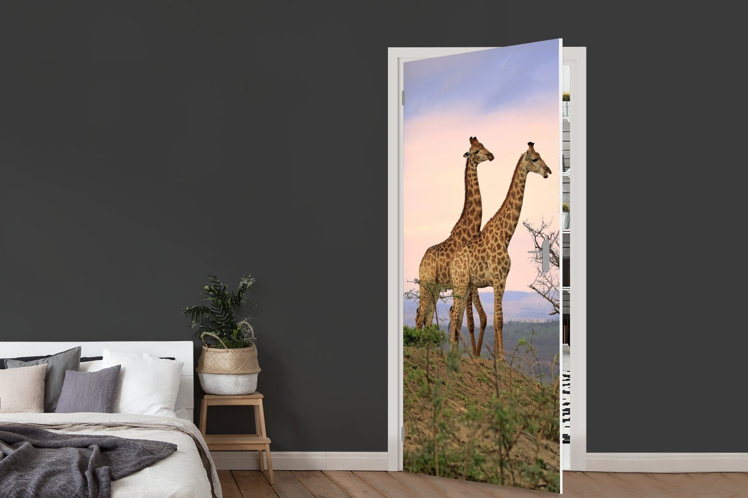 Tür, Giraffen MuchoWow (1 bedruckt, Türtapete St), Landschaft, - Himmel für cm - Türaufkleber, Fototapete Matt, 75x205