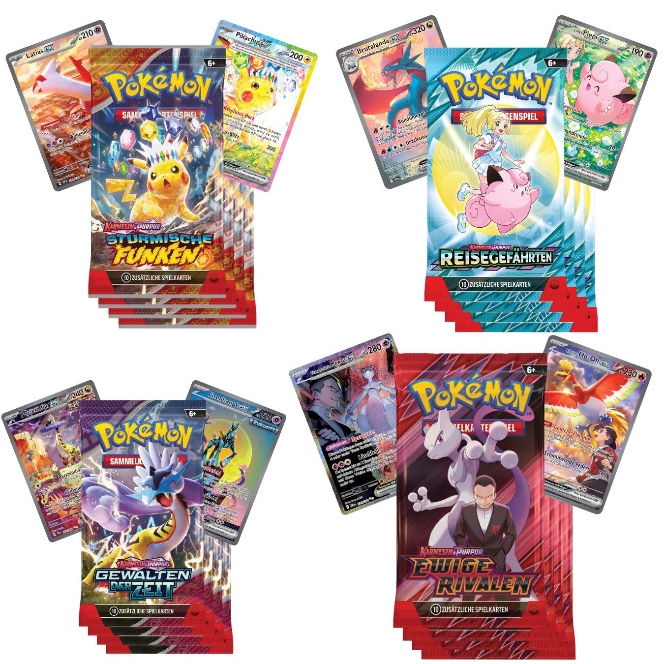 The Pokémon Company Sammelkarte Pokemon Ewige Rivalen, Reisegefährten, Stürmische Funken 4x Booster, 4 Stück Booster Set