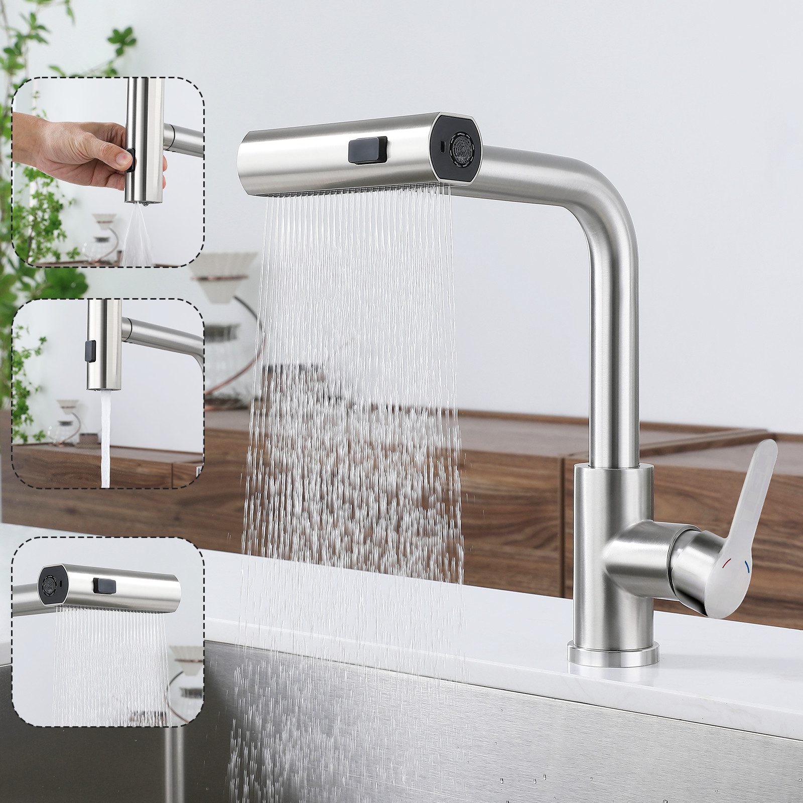 Nettlife Küchenarmatur Edelstahl Ausziehbarer Brause Spültischarmatur Schwarz Einhebelmischer (1-St) Armatur Edelstahl 360° Drehbar mit 3 Strahlarten