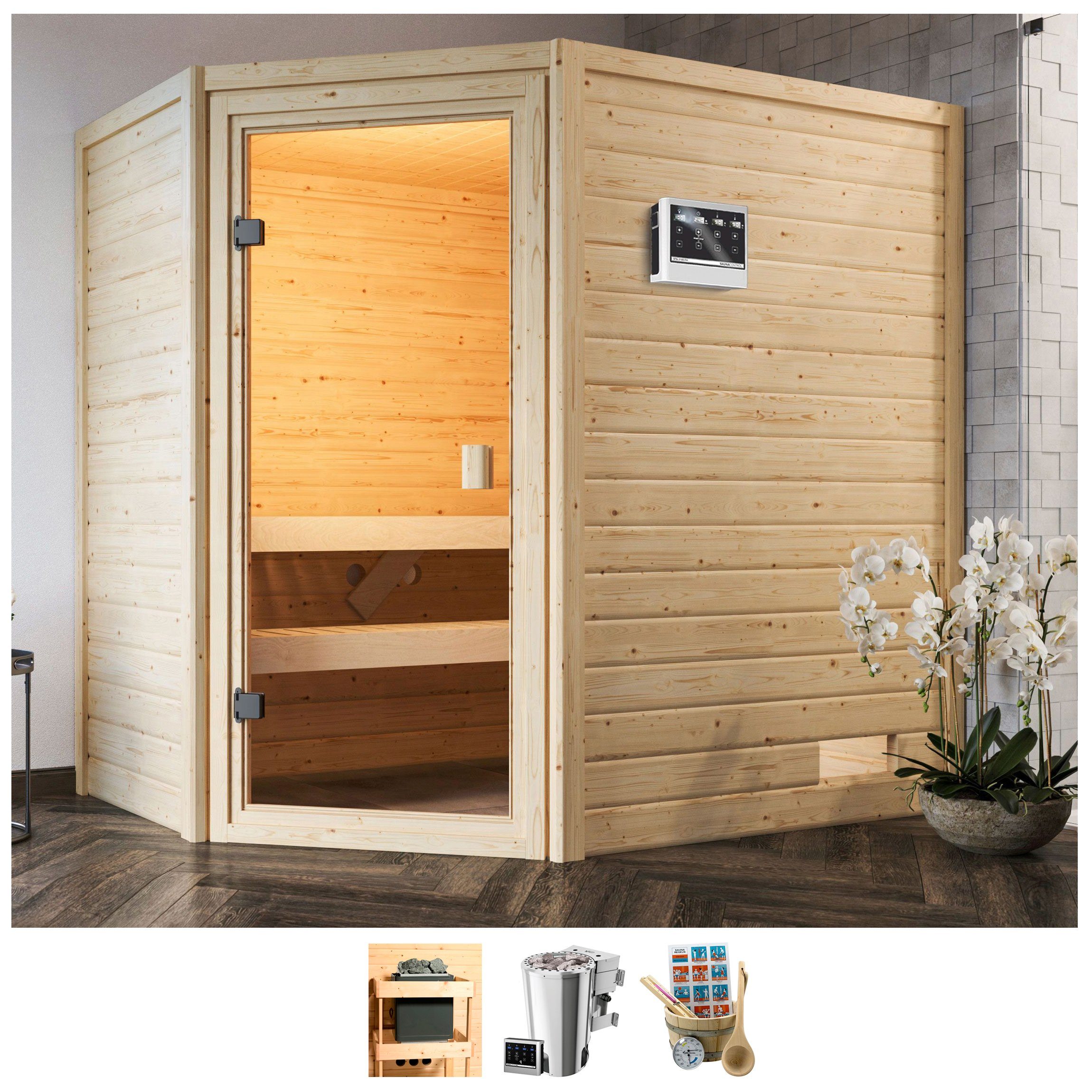 welltime Sauna Juli, BxTxH: 195 x 145 x 187 cm, 38 mm, 3,6-kW-Bio-Plug & Play Ofen mit ext. Steuerung