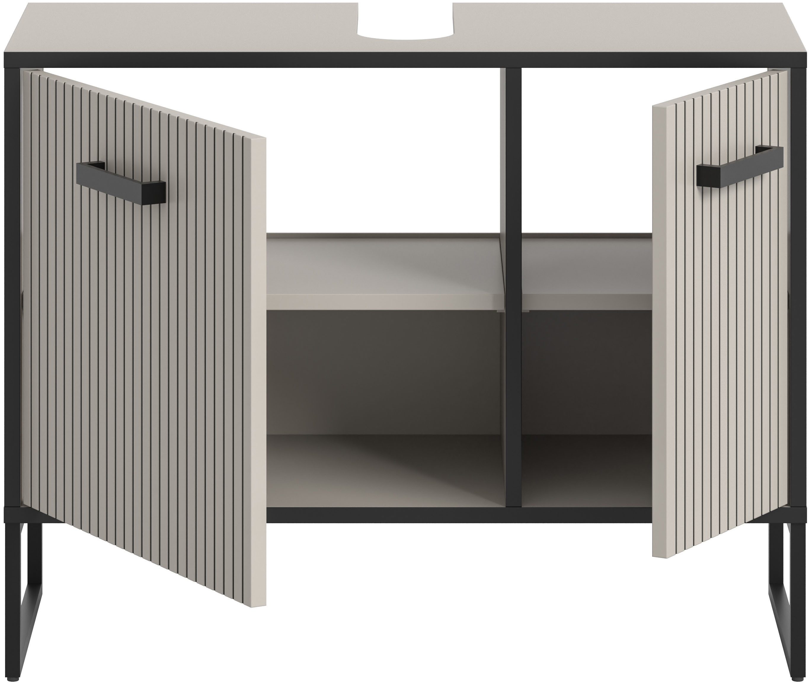welltime Waschbeckenunterschrank LOCRI, Höhe 63 cm, 2 Türen, 2 Einlegeböden, mit Siphonausschnitt (1-St., industrial Look mit Rillenoptik & Metall Kufen) Badmöb – Bild 5 von 5