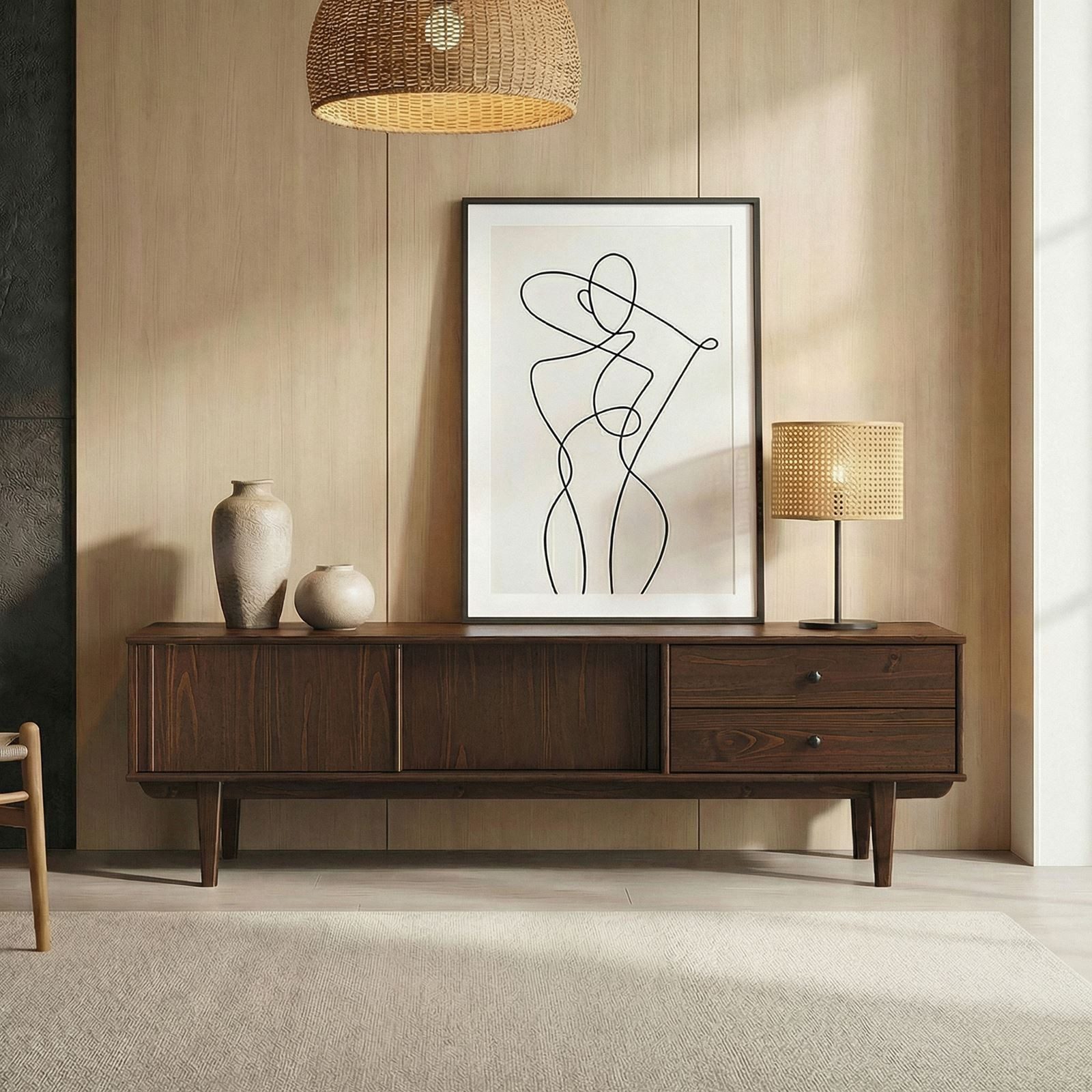 IDIMEX Lowboard SIMONA, TV Lowboard 175 cm aus Massivholz mit 2 Schiebetüren Nussbaum Finish