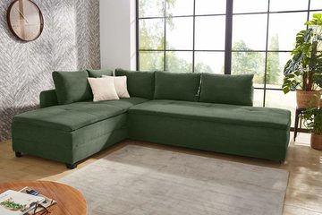 luma-home Ecksofa 15164, Dauerschläfer 307x223 cm, Schwenkteil L/R, Bettkasten, Nachtkonsole, Boxspring, Federkern, Wellenunterfederung, Topper, Bezug Cord Grün