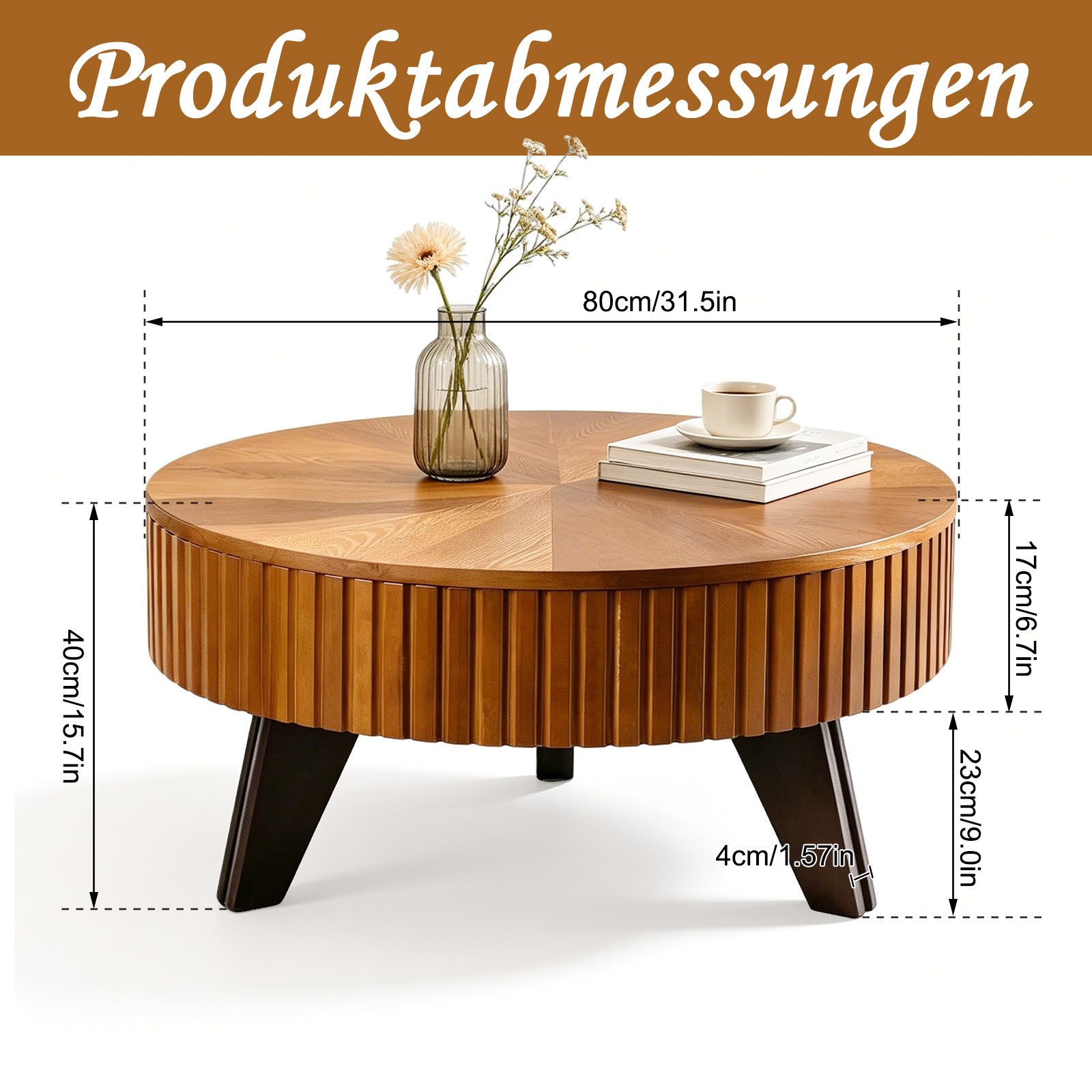 TWSOUL Couchtisch Runder Couchtisch mit Stauraum, Moderner Wohnzimmertisch Holzoptik, mit Rillenstruktur, Sofatisch mit Klappdeckel, Stabil & Pflegeleicht