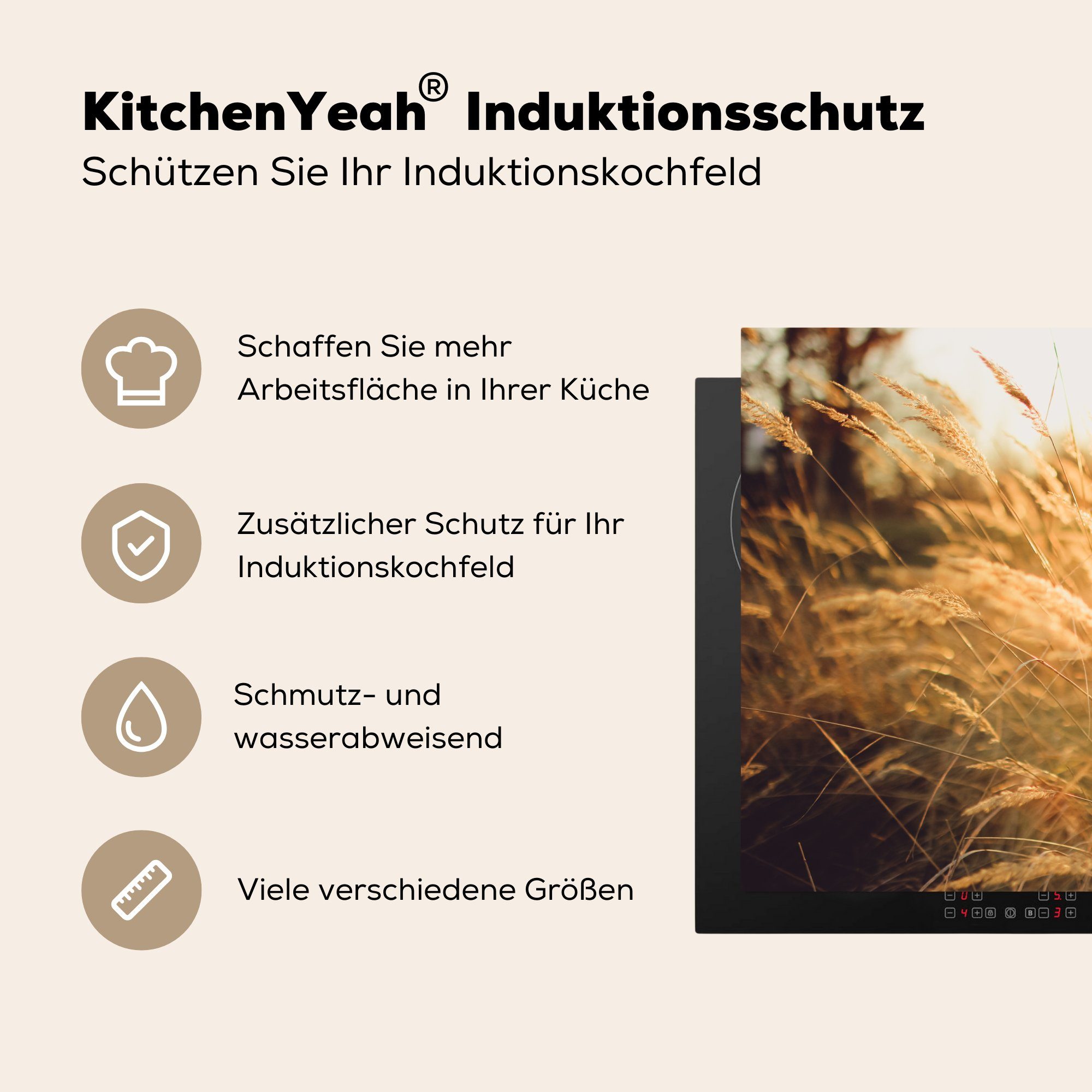MuchoWow Herdblende-/Abdeckplatte Sonne - Getreide Induktionskochfeld (1 - 81x52 für Feld, küche, Ceranfeldabdeckung die Vinyl, cm, Schutz tlg)