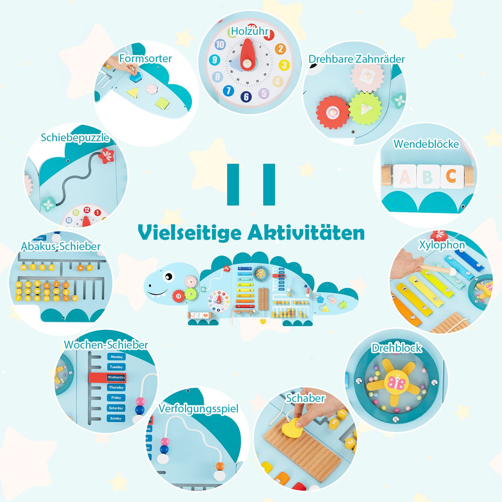 COSTWAY Motorikbrett, Dinosaurier Aktivitätswand, 11-in-1 Holz-Wandspielzeug