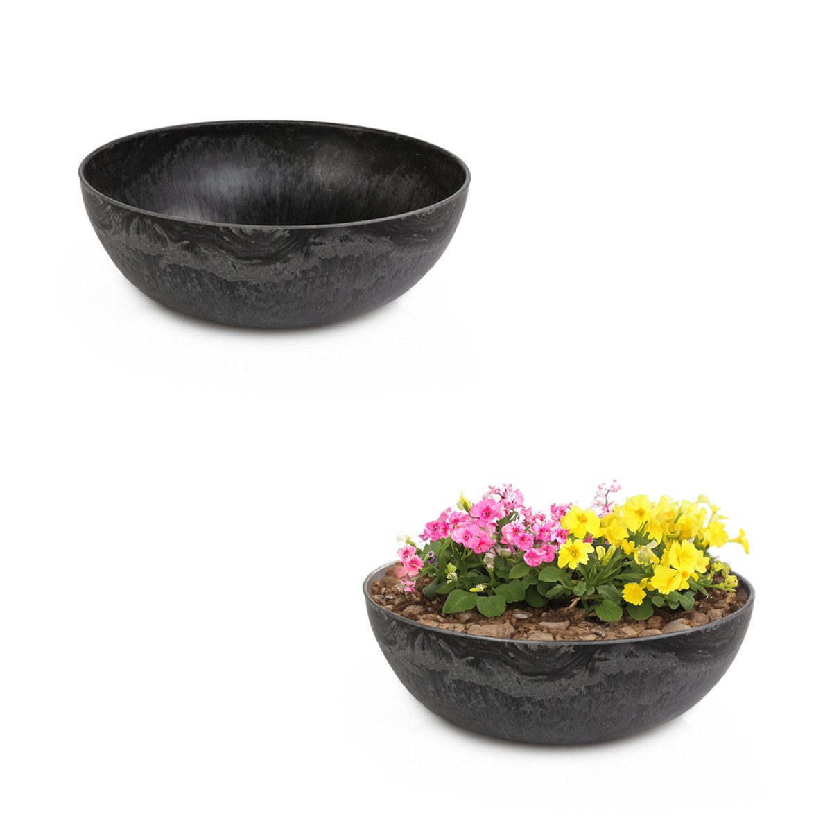 matches21 HOME & HOBBY Blumentopf Pflanzschalen für draussen Vintage Dekoschalen rund schwarz 2x 25 cm (2 St), Blumen-Schale als wetterfeste Friedhof-Schale Grab-Schmuck Grabschale
