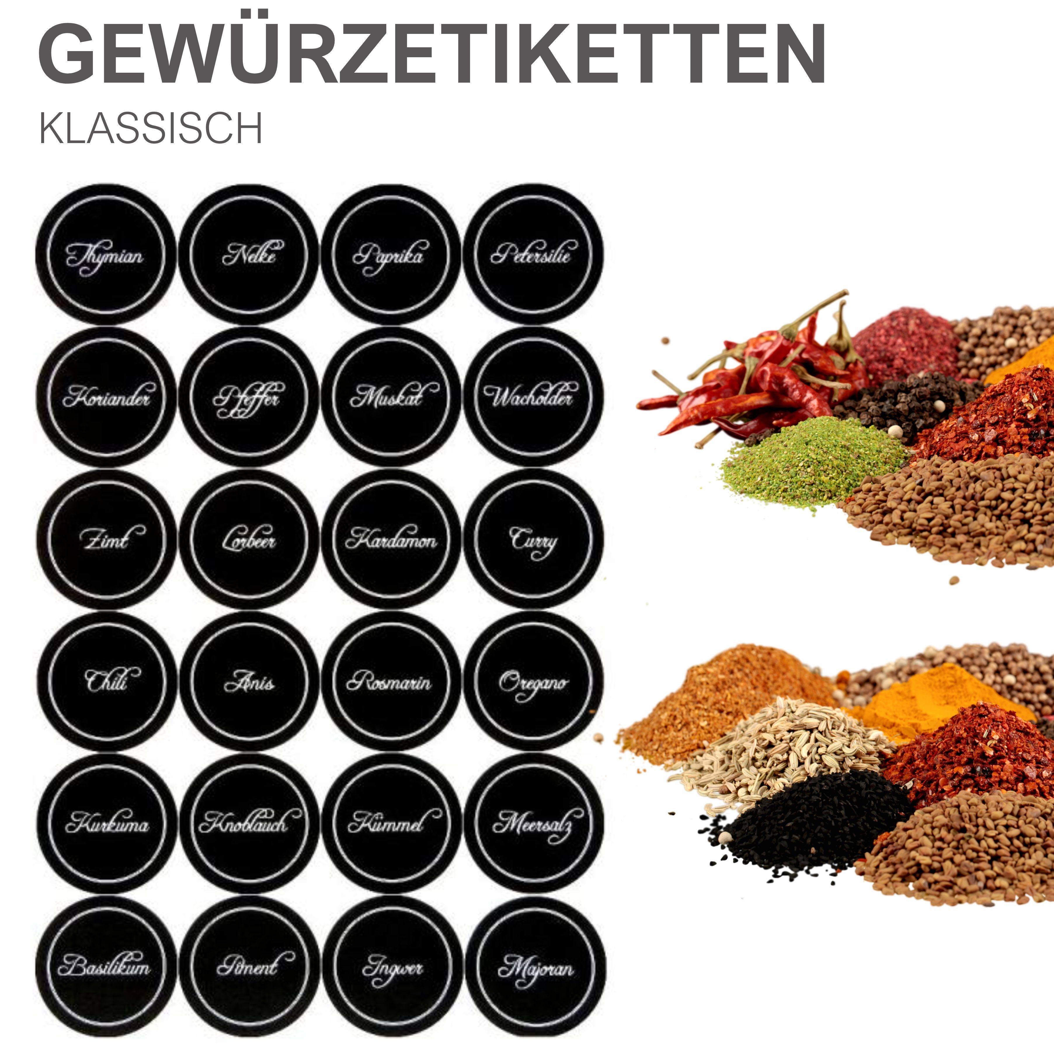 mikken Gewürzbehälter 12 Gewürzgläser 190 ml schwarz mit Deckel und 24 Gewürzetiketten, (12er Set)