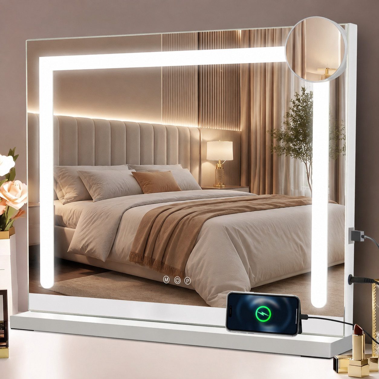 Nettlife Schminkspiegel Licht 50x40cm Spiegel 3 Farben USB Touch-Steuerung Hollywood Spiegel (1-St), 5 Facher Vergrößerung Spiegel USB Anschluss für Ankleidezimmer