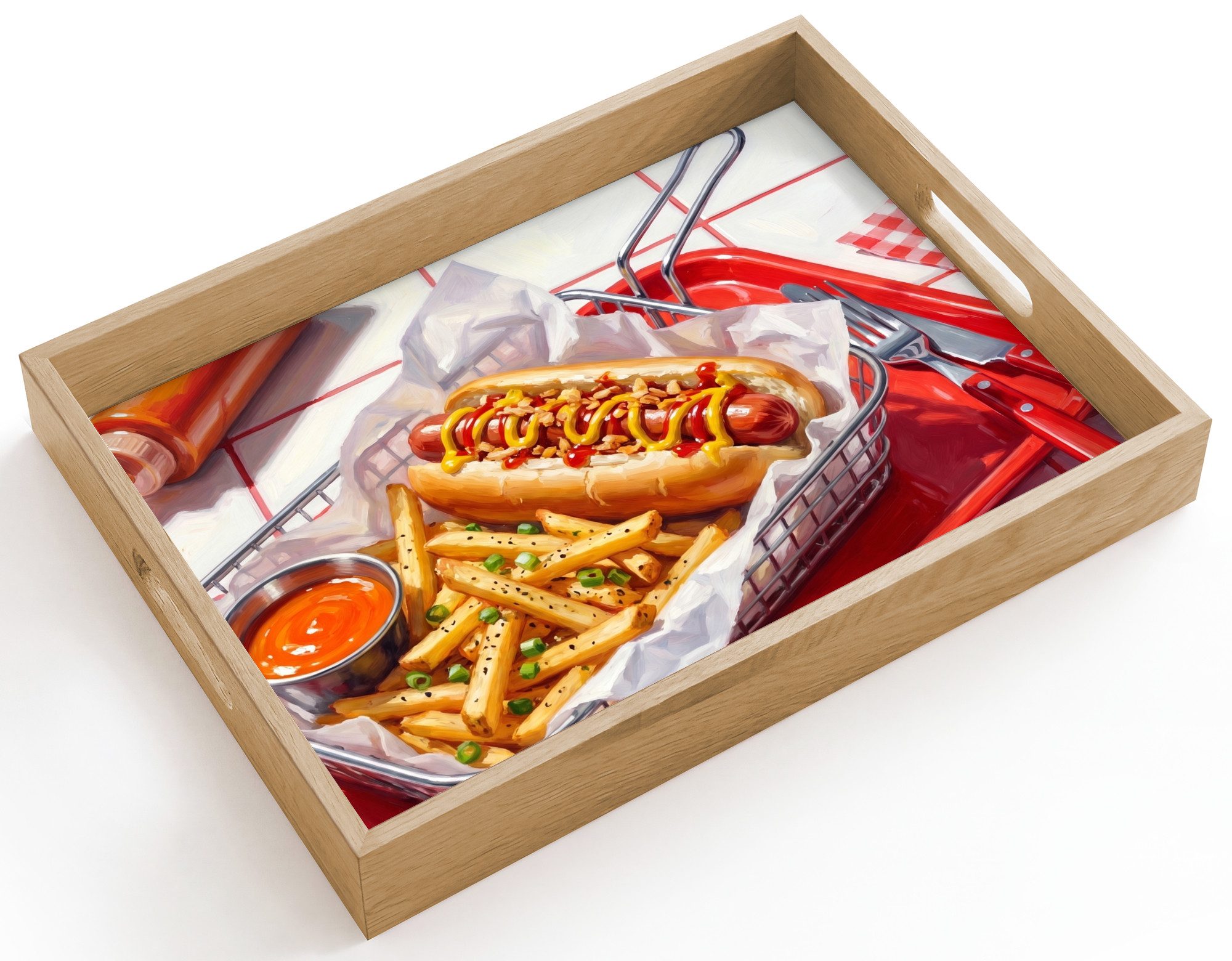 OnlyWow Tablett Rechteckig mit Henkel Essen – Hotdog – Fast Food – Modern – Rot, Eichenholz, (1-tlg), Siervierplatte, Tray, Frühstücksbrett