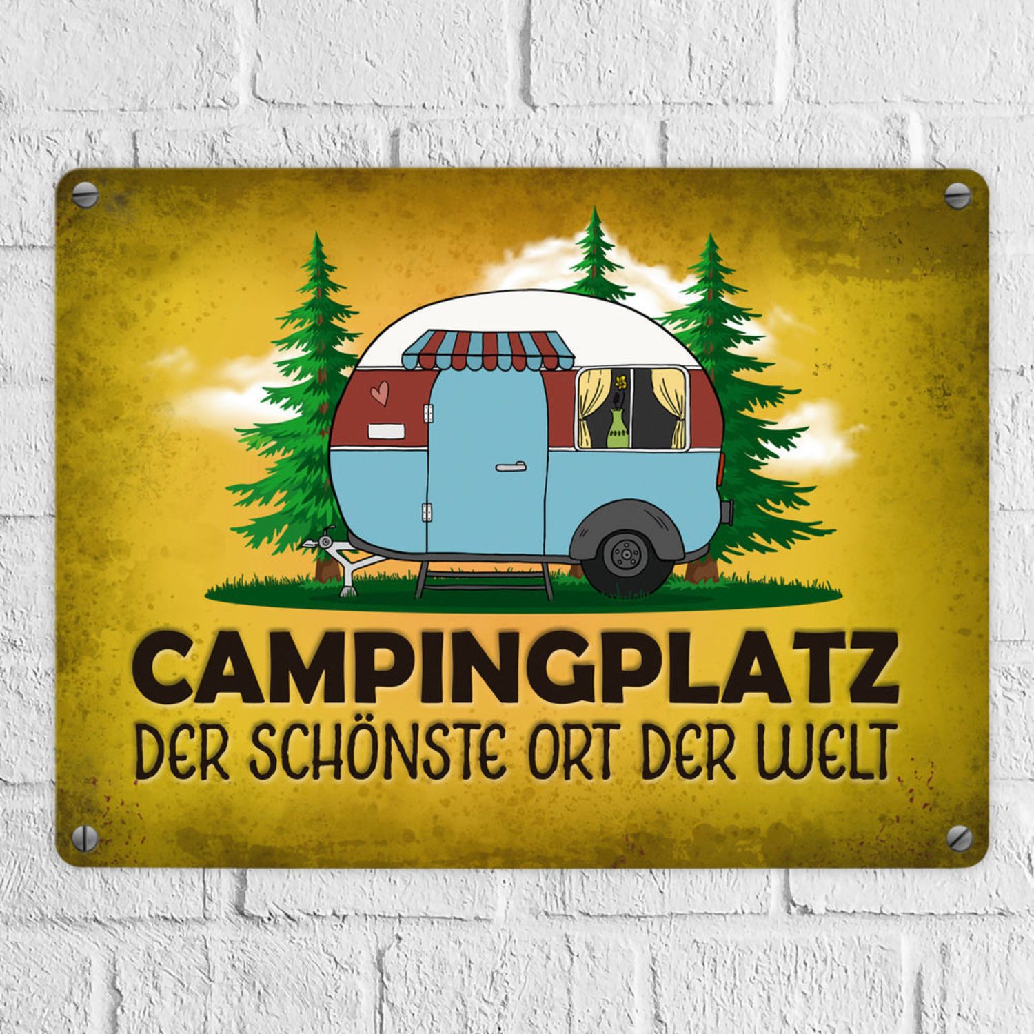 speecheese Metallschild Campingplatz Metallschild in gelb mit Wohnwagen Mot günstig online kaufen