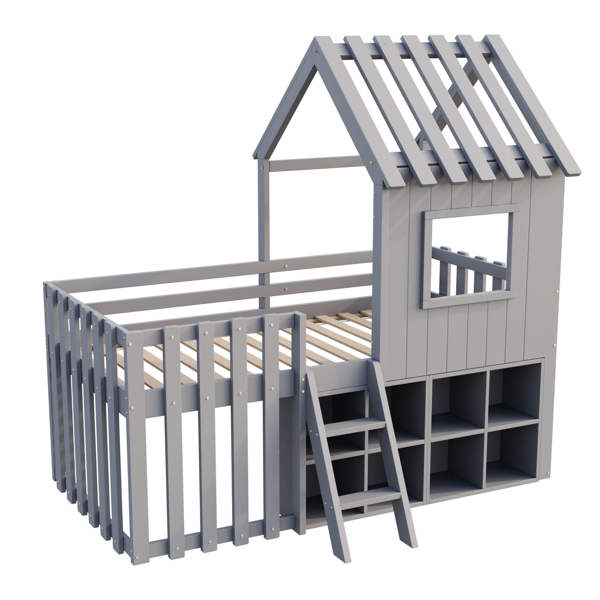 i@home Hausbett Kinderbett 90x200, mit Dach und Fenster ohne Matratze (1-tlg., Einzelbett), Kinderbett im Spielhaus-Stil, Massivholz, Stauraum