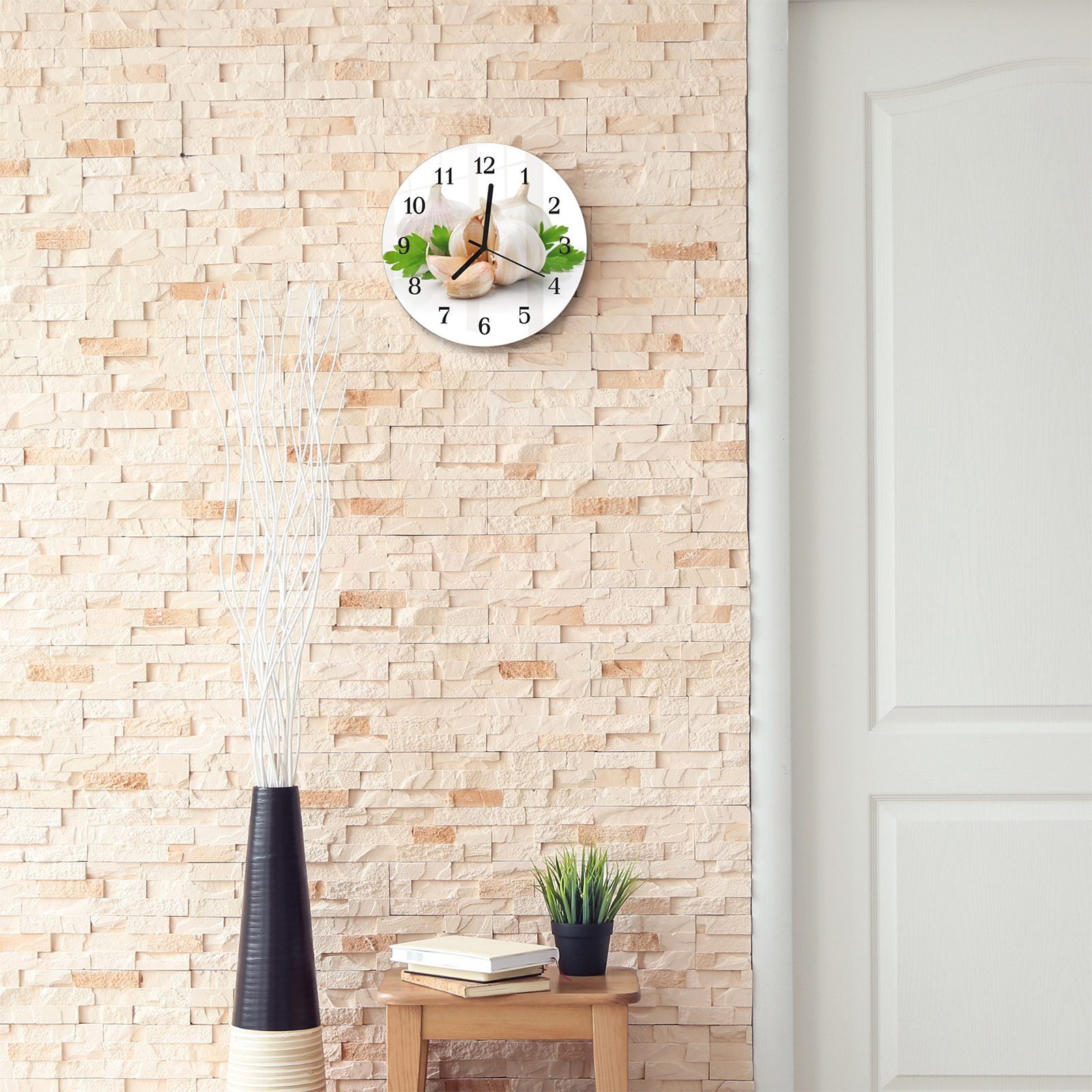 Primedeco Wanduhr Wanduhr Durchmesser cm - und aus mit Rund 30 Motiv Glas Kräuter und Quarzuhrwerk Knoblauch mit