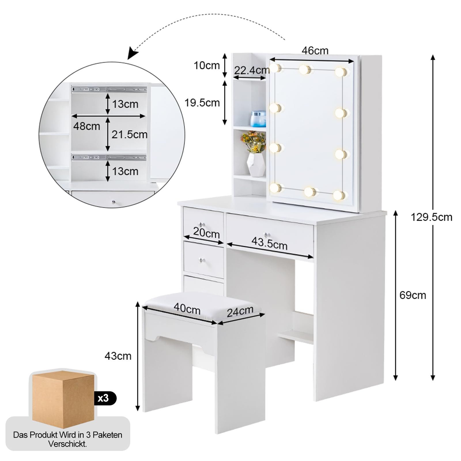 Ofcasa Schminktisch, 80x40x130cm 5 Schubladen Tisch günstig online kaufen
