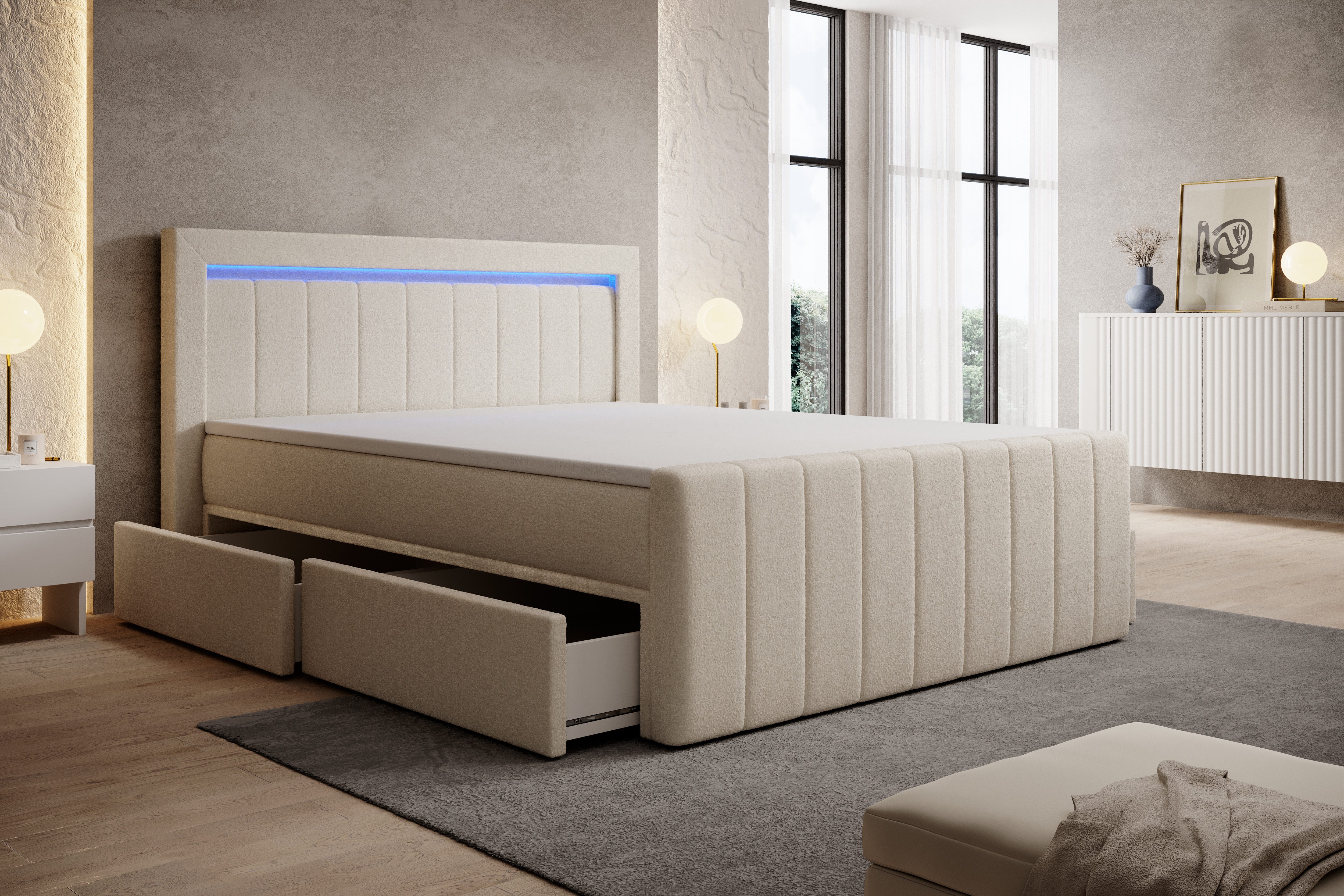 PROMETO Möbel Boxspringbett Boxspringbett mit Taschenfederkernmatratze,Schubladen,Topper, Boucle