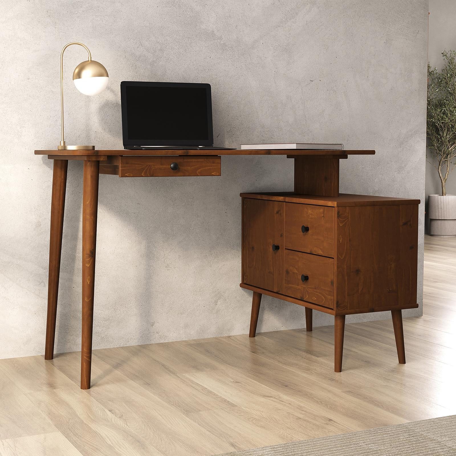 IDIMEX Schreibtisch ANGOLO, Homeoffice Tisch aus Massivholz mit Stauraum Kastanie Finish