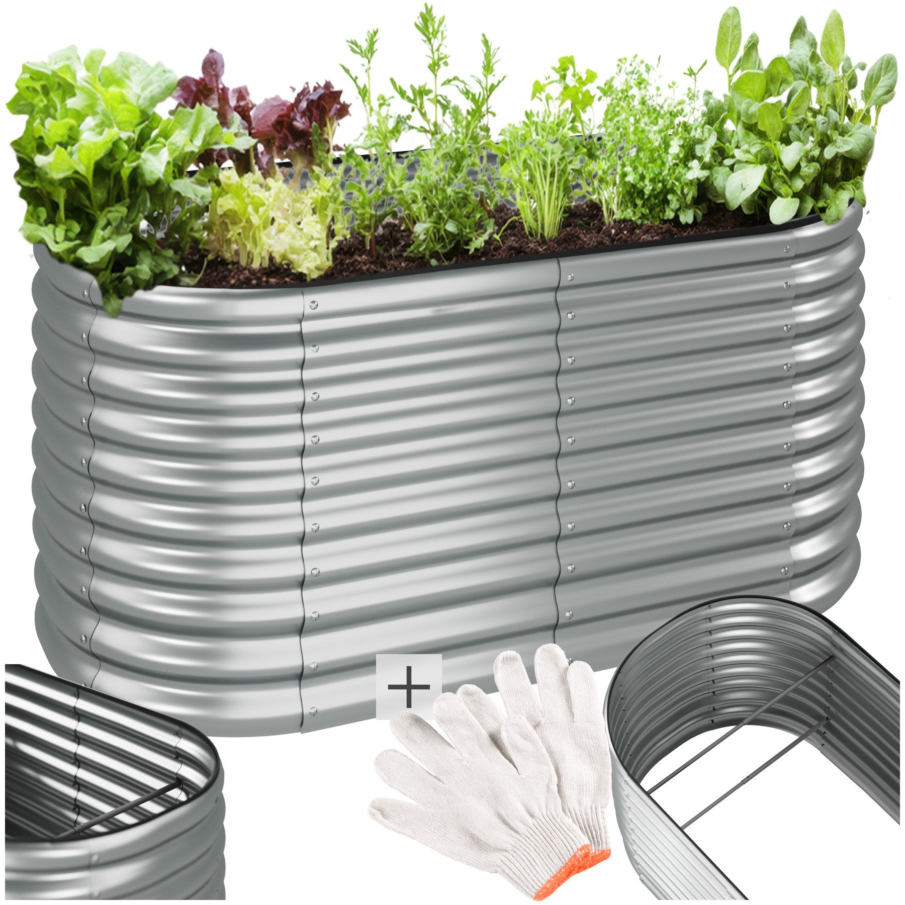 tectake Hochbeet Pflanzbeet, Maße: 160 x 80 x 80 cm, 804 Liter Fassungsvermögen (Gemüsebeet Flormma, in silber), Aus verzinktem Stahl, stabil, sicher, wetterfest, Arbeitshandschuhe