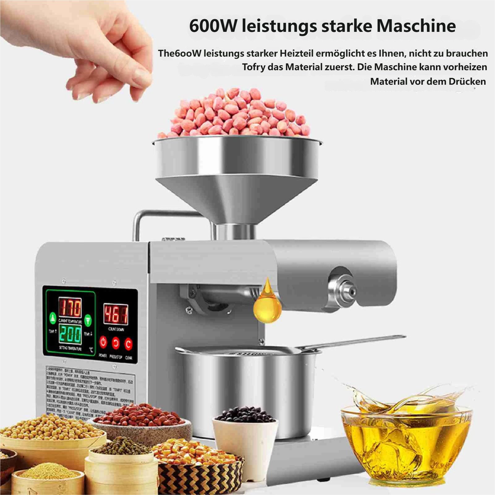 GARRYFIZH Ölpresse Ölpresse Elektrische Ölpresse Ölpresse Maschine, Edelstahl, Edelstahlmaterial, Temperaturanzeige