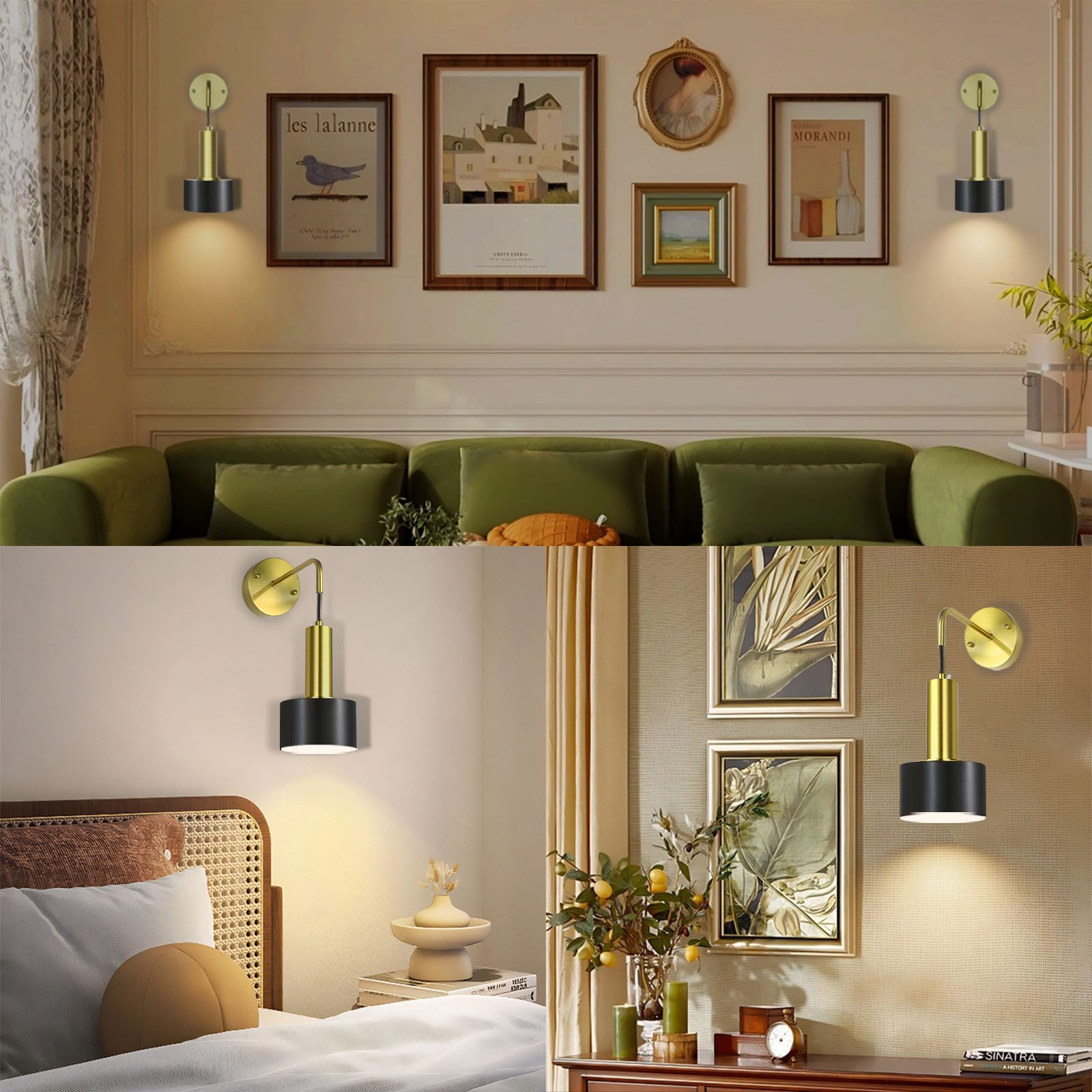 POPOLIC LED Wandleuchte NachttischLampe Wand-Leselampe, schwarz-goldene kabellose Wandleuchte, Wiederaufladbar, dimmbare Innenbeleuchtung, moderne LED-Wandleuchten für Schlafzimmer