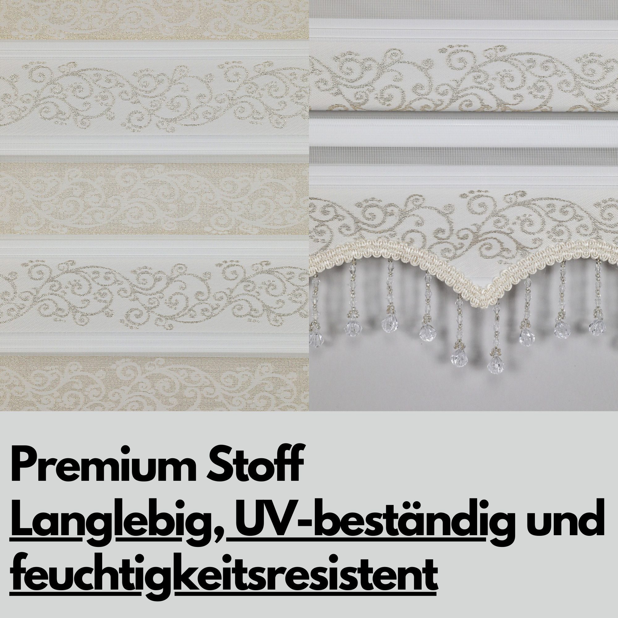 Doppelrollo Duorollo Doppelrollo mit Kassette Rankenmuster und Perlen Höhe: 200 cm, Plisseeonline, blickdicht, Deckenmontage, Freihängend, Deckenmontage mit Clips, Mit Motiv und Alu Kassette in Weiß Gold Schwarz