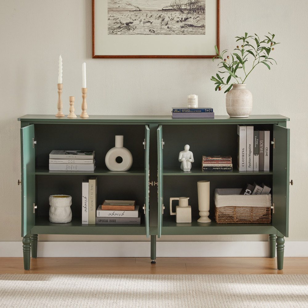 BBG Anrichte Sideboard mit Relief-Schnitzdekor, 160 cm breit, großzügigem Stauraum, Vintage-Aufbewahrungsschrank mit Türen, abgerundeten Kanten