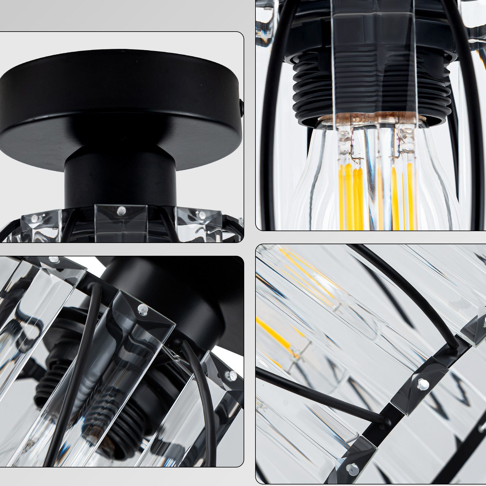 Nettlife Deckenleuchte Retro Schwarz Kristall E27 1-Flammig Metall Deckenlampe für Küche Flur, ohne Leuchtmittel, Innen Deckenbeleuchtung für Korridor Balkon fl – Bild 4 von 5