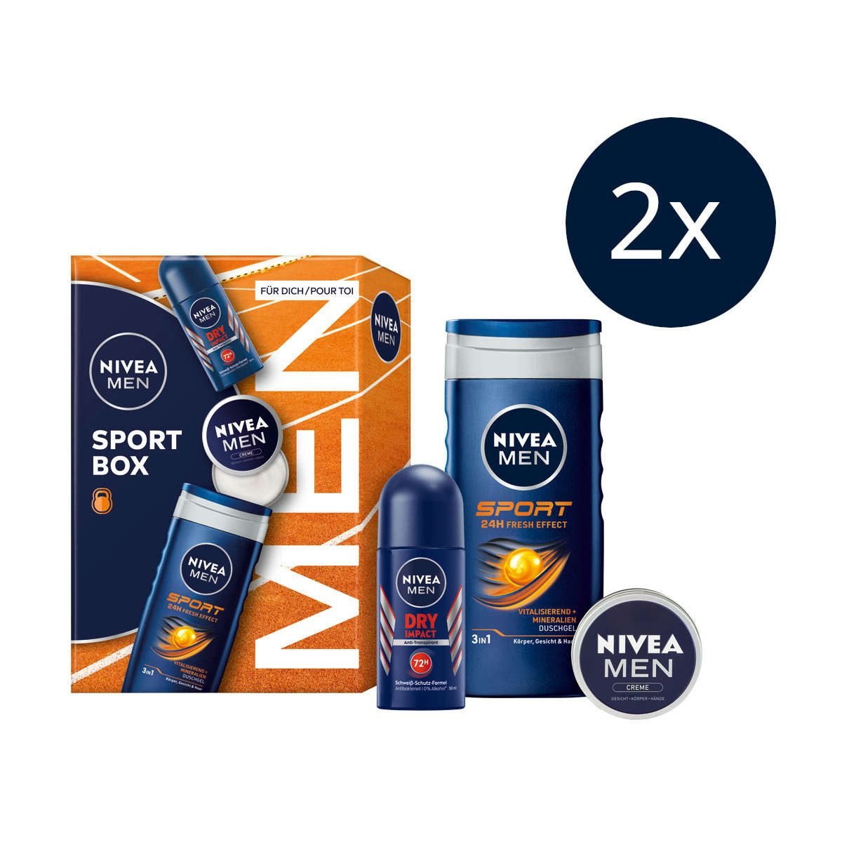 Feuchtigkeitspflege-Set 2 x Geschenkset, Creme Sport Pflegedusche Impact Deo Roll-on