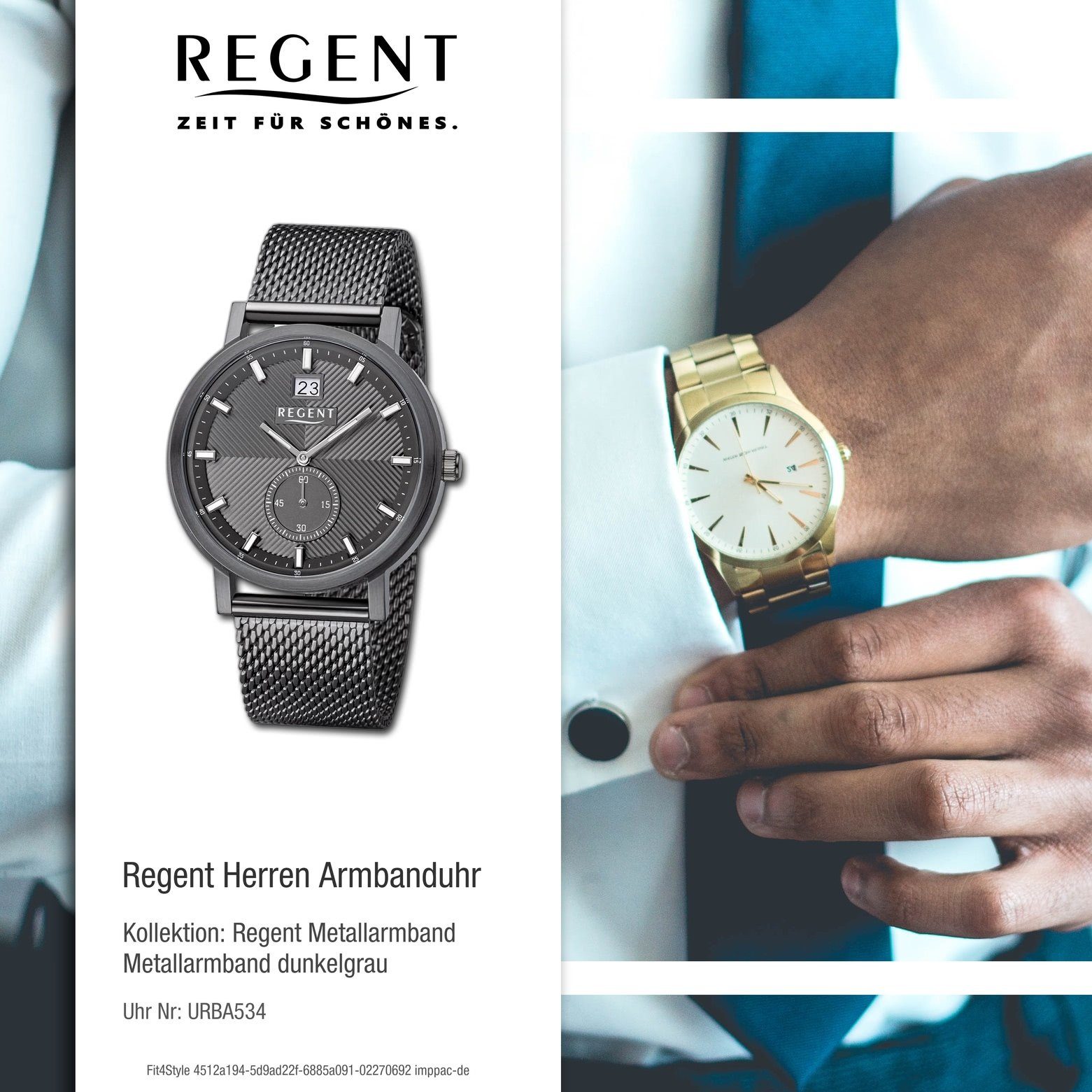 Armbanduhr Analog, groß Regent Quarzuhr (ca. Metallarmband 39mm), Regent rund, extra Herren Herren Armbanduhr