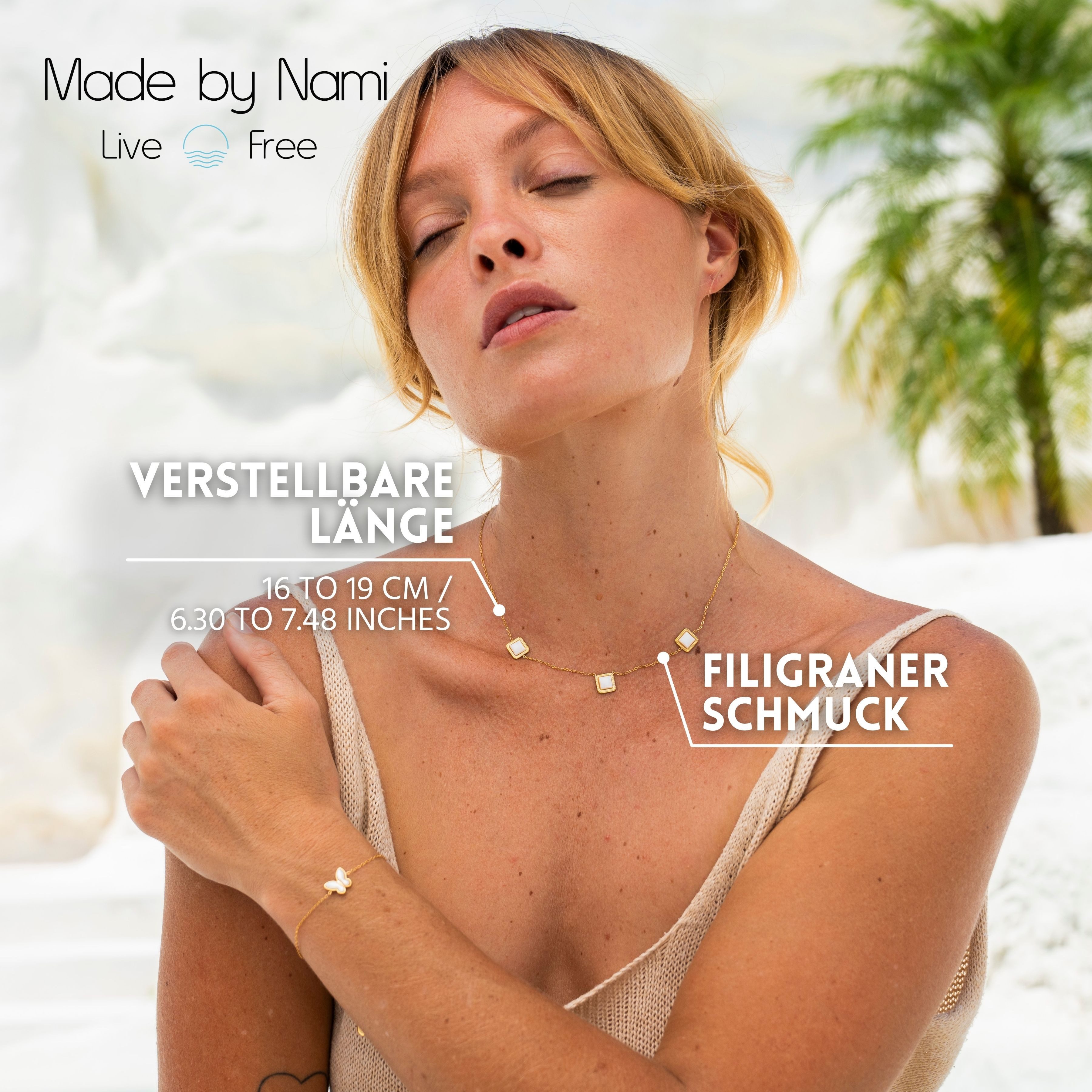 Made by Nami Edelstahlkette Damen Gold mit Viereckigen Edelsteinen aus Chirurgischem Edelstahl, Damen Geschenke für Frauen Hypoallergen Wasserfester Schmuck für Mama