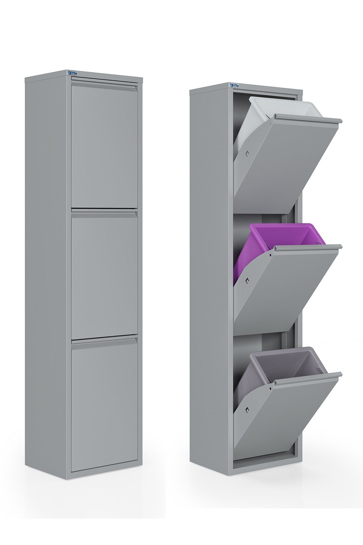 Kaufexpress Mülltrennsystem Metall-Mülltrenner 3-türig – 3x15 L Einsätze, platzsparend & montiert, Für Küche, Büro oder Hauswirtschaftsraum – funktional und modern