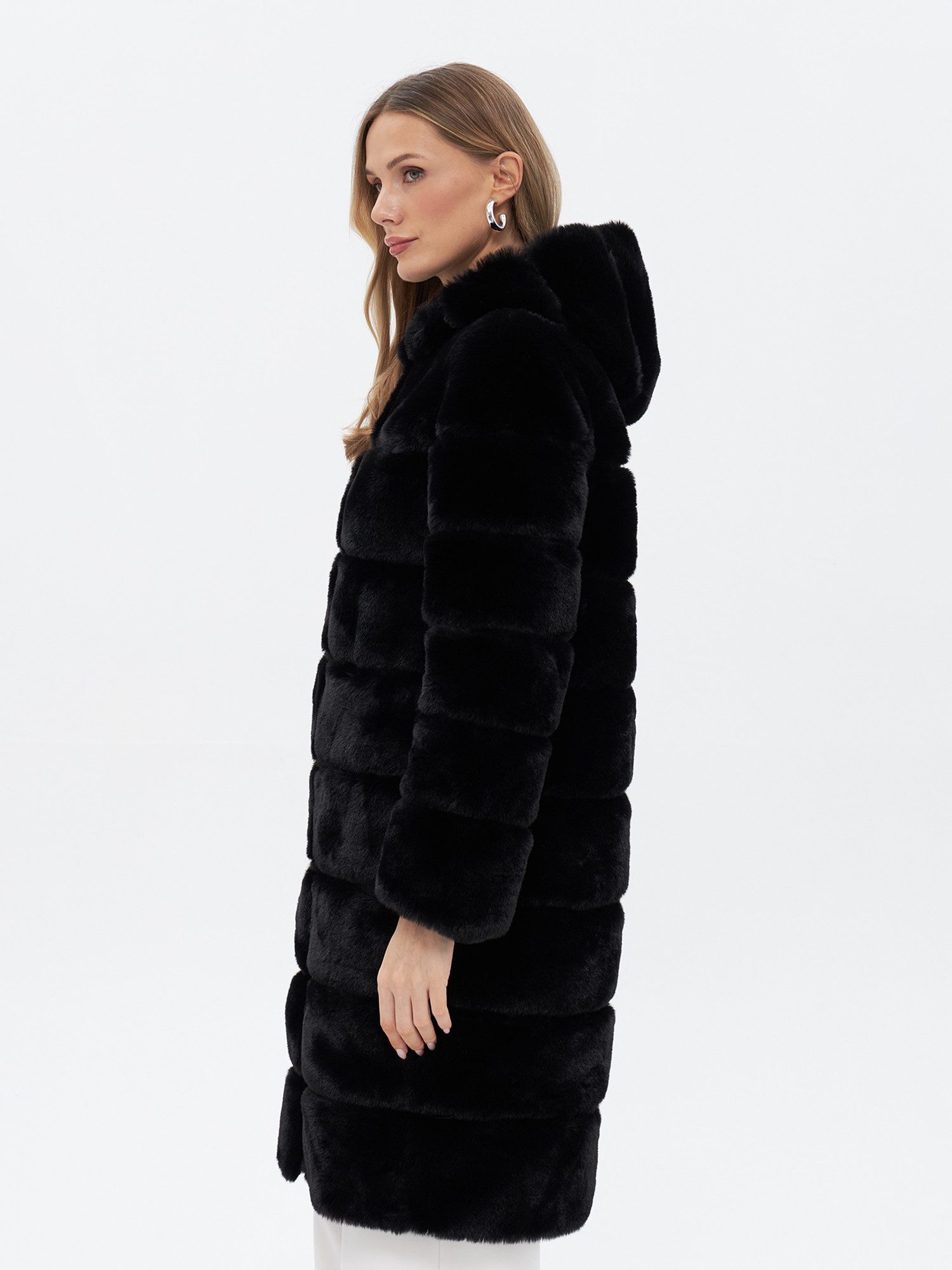Passioni Fellimitatjacke Web-Pelz Mantel Winterjacke Faux Fur Mantel mit Kapuze – Bild 3 von 5